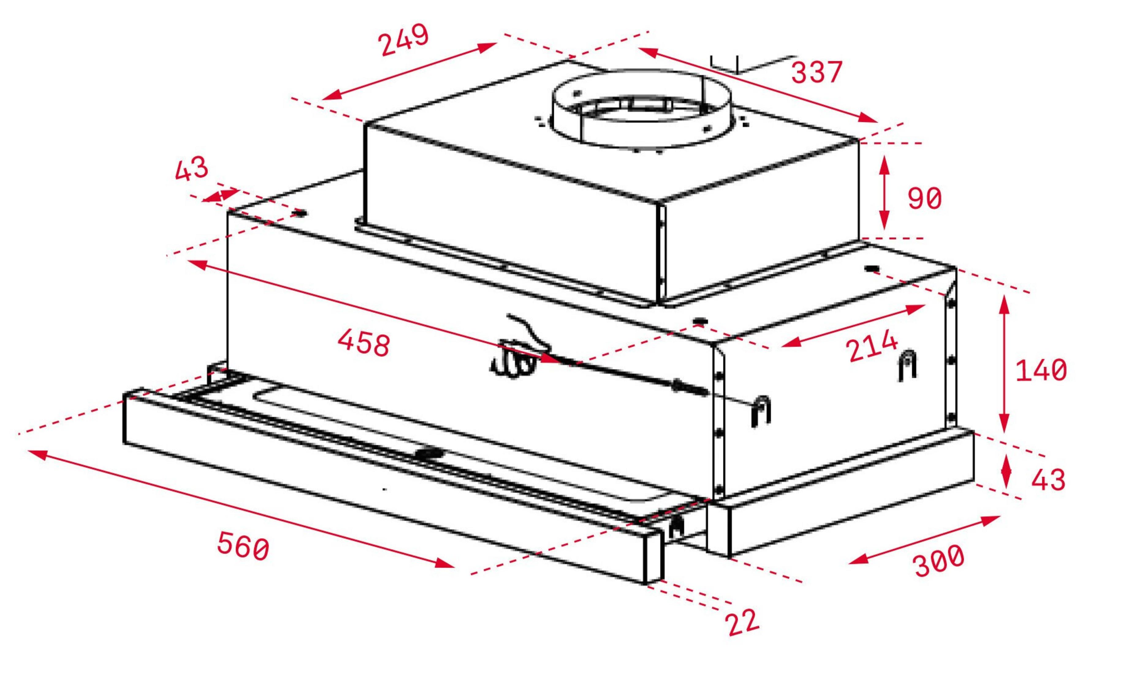 Rysunek techniczny okapu kuchennego z wymiarami.