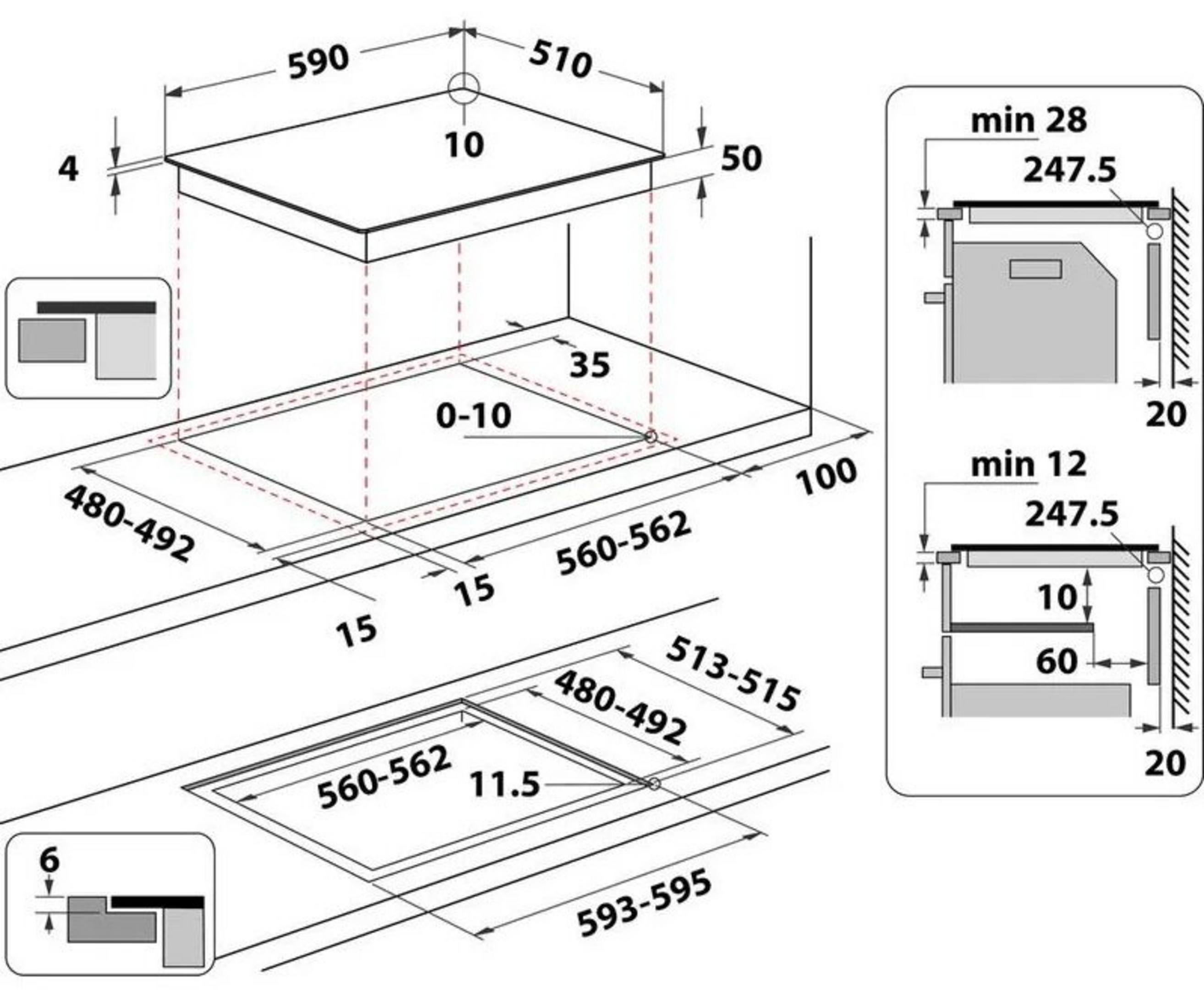Rysunek techniczny płyty grzewczej z wymiarami i instrukcjami montażu.