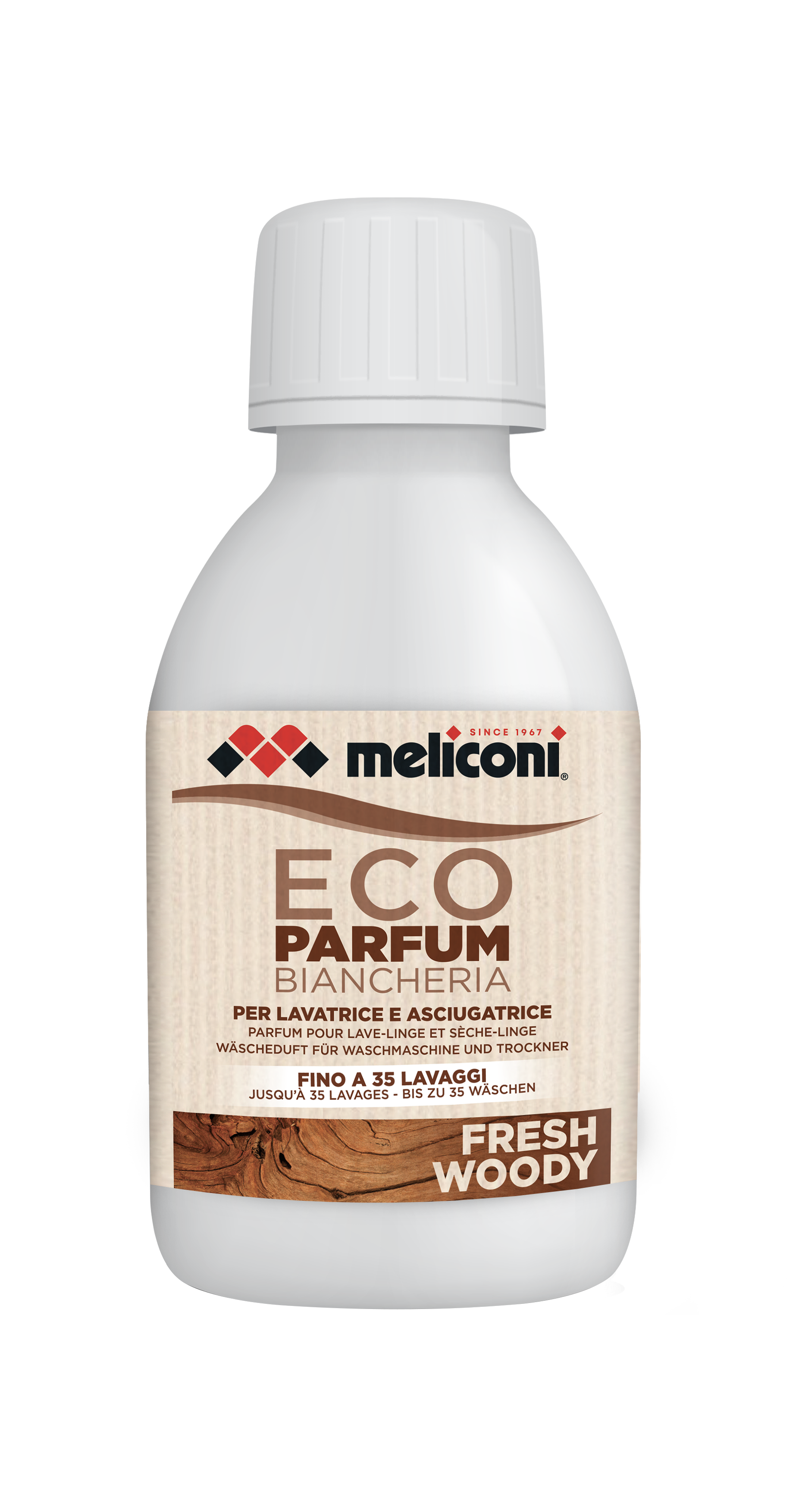 Botella blanca de Meliconi Eco Parfum aroma para ropa, fresco amaderado.