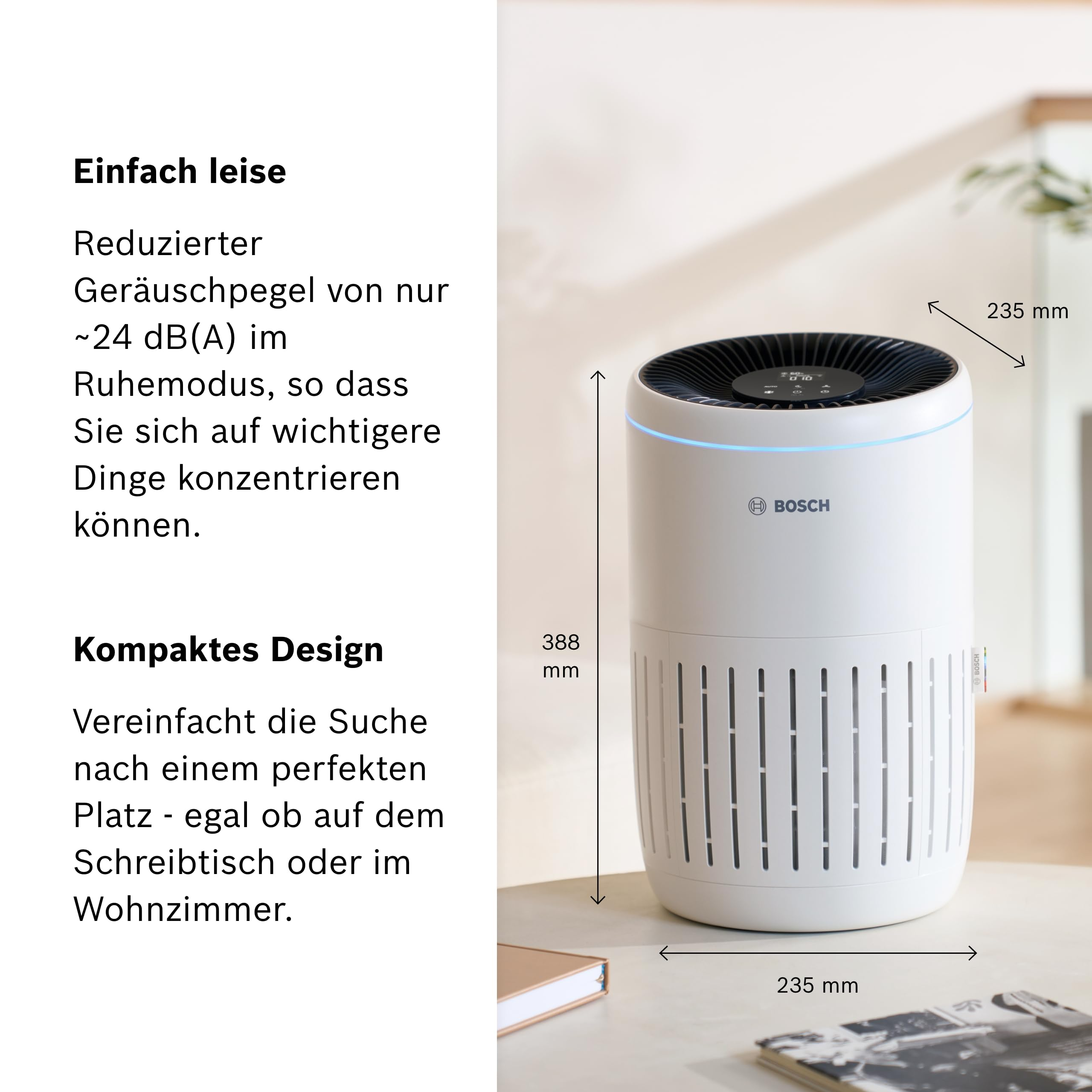 Ein weißer Bosch Luftreiniger wird gezeigt. Maße: 235 mm breit, 388 mm hoch.