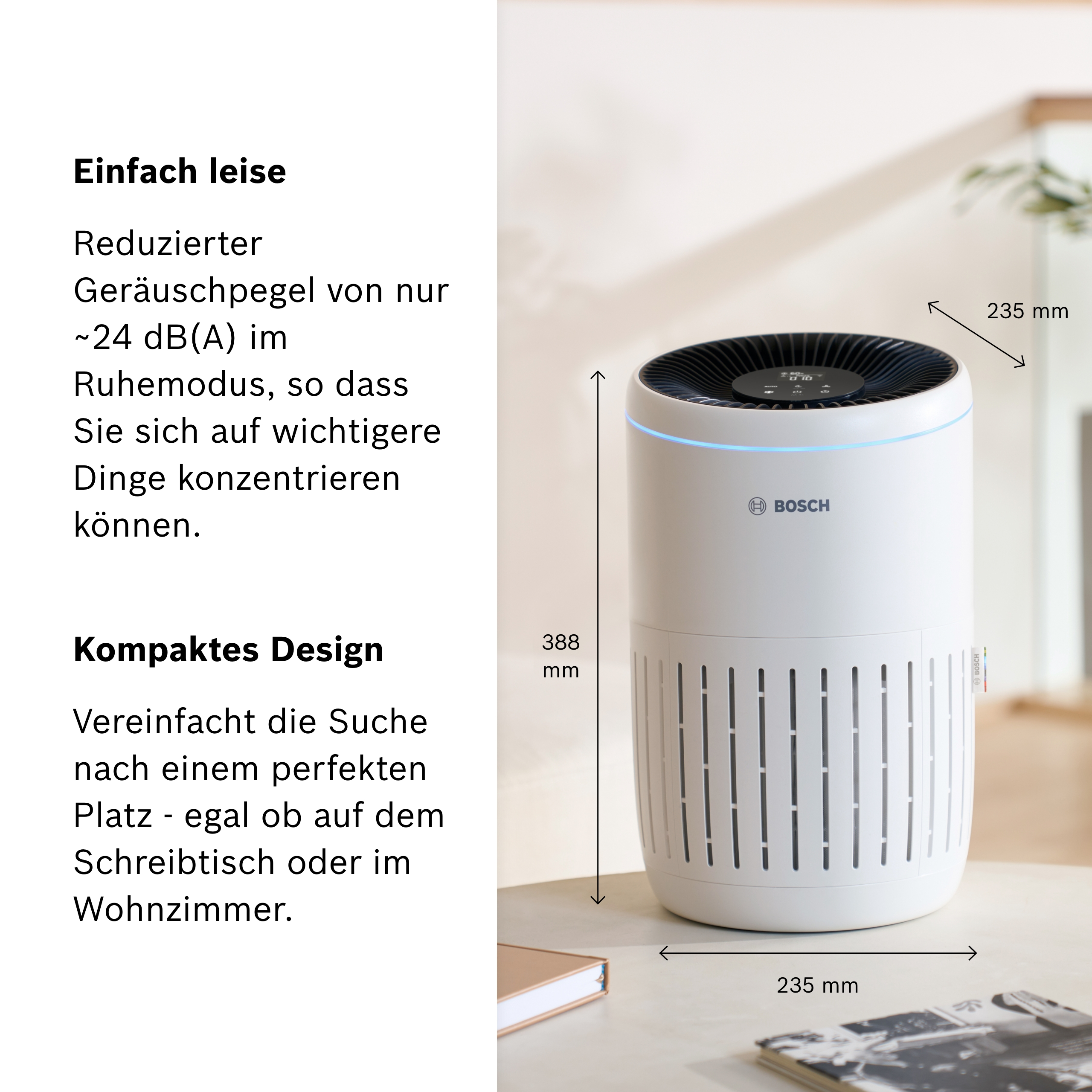 Weißer Bosch Luftreiniger mit Maßen 388mm H x 235mm B. Enthält Text.