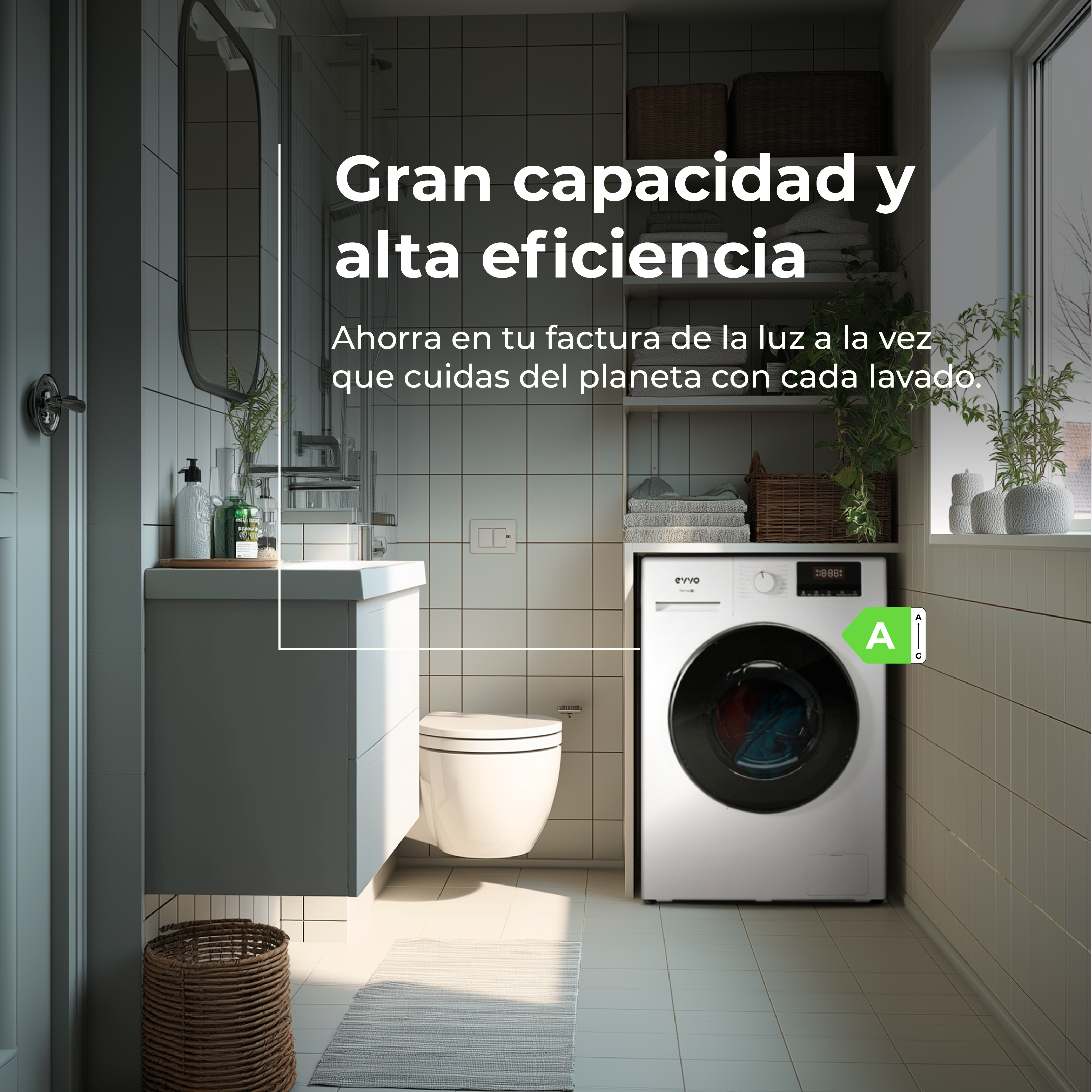 Baño moderno con lavadora y inodoro blancos. Texto promueve la eficiencia energética.