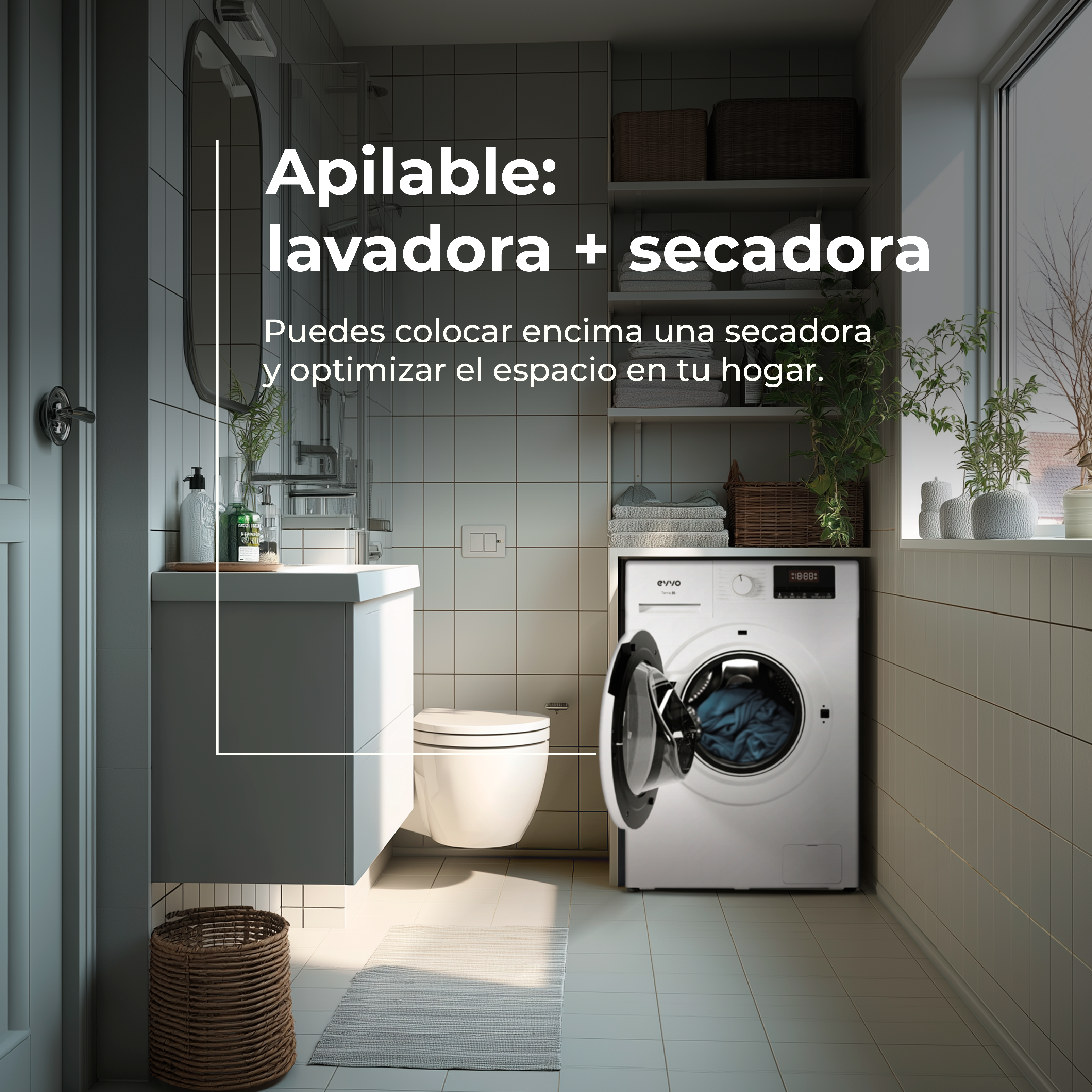 Un baño moderno con lavadora blanca, inodoro, lavabo y estantes. Ropa dentro de la lavadora.