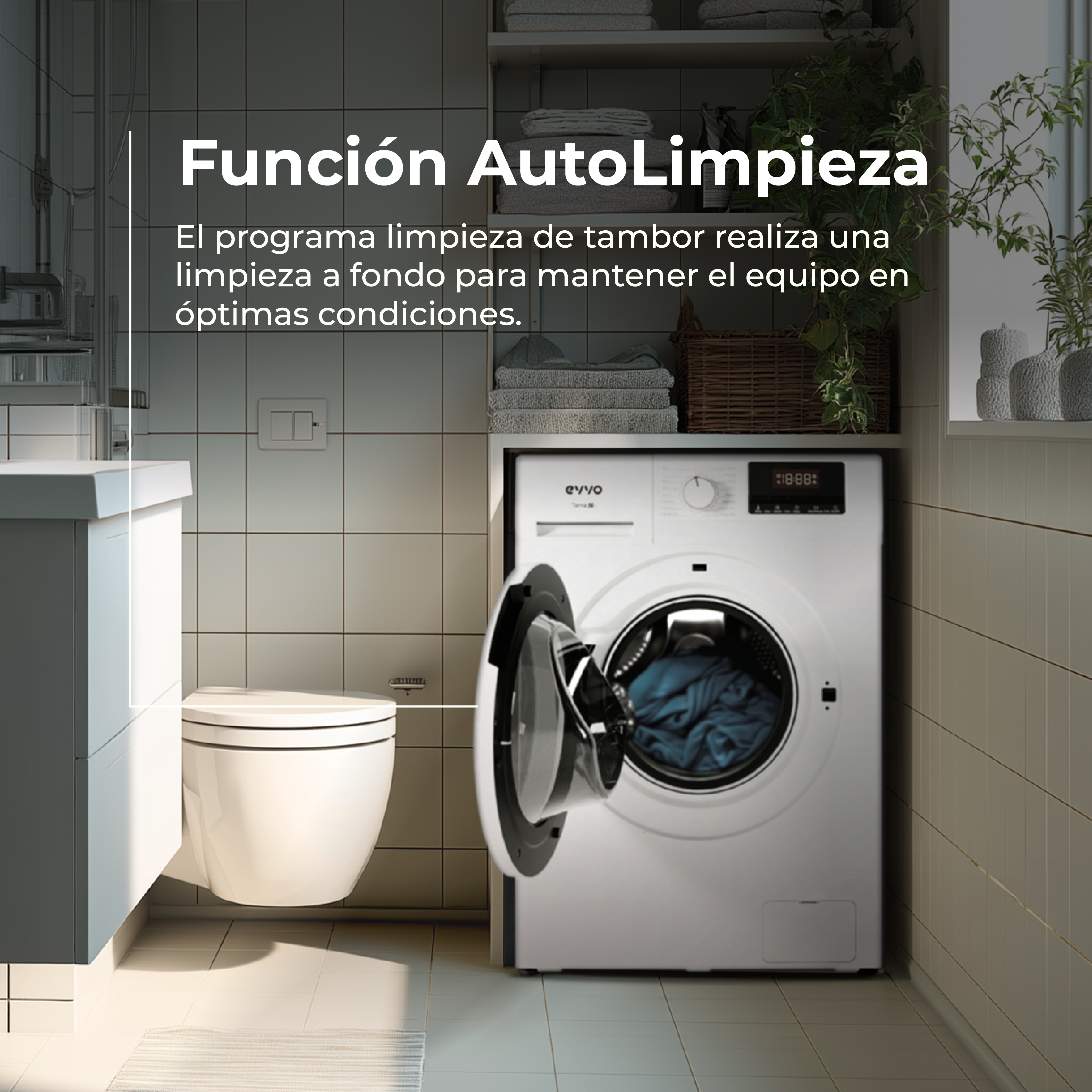 Lavadora en un baño, puerta abierta. Función "AutoLimpieza".