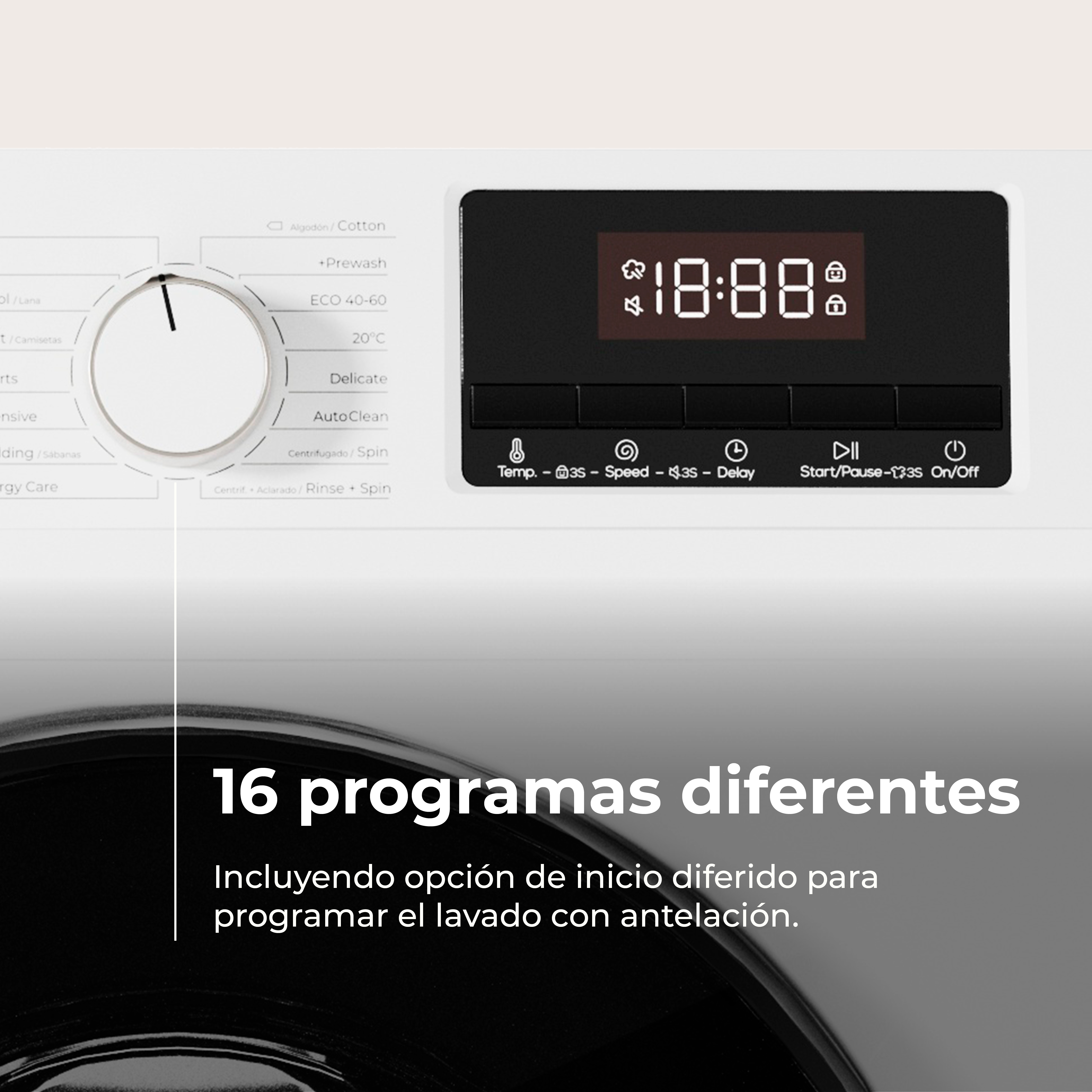 Panel de control de lavadora con pantalla digital y dial de selección.
