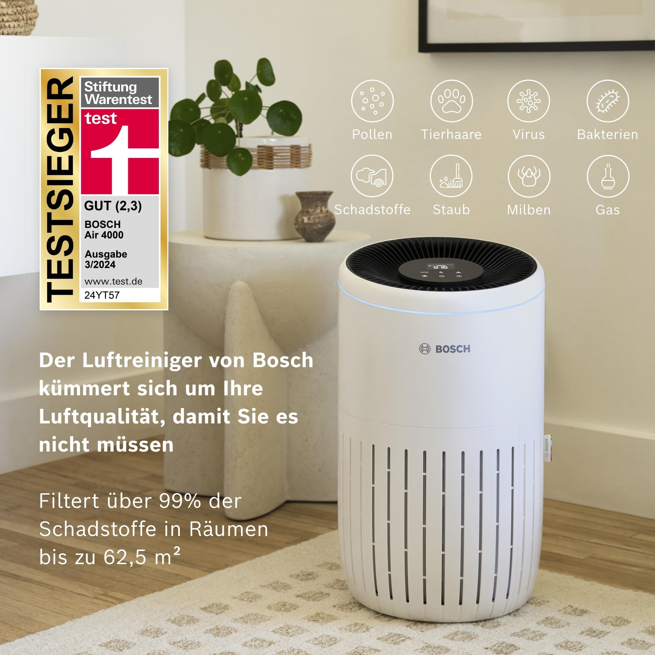 Un purificatore d'aria Bosch bianco con sigillo di test e icone.