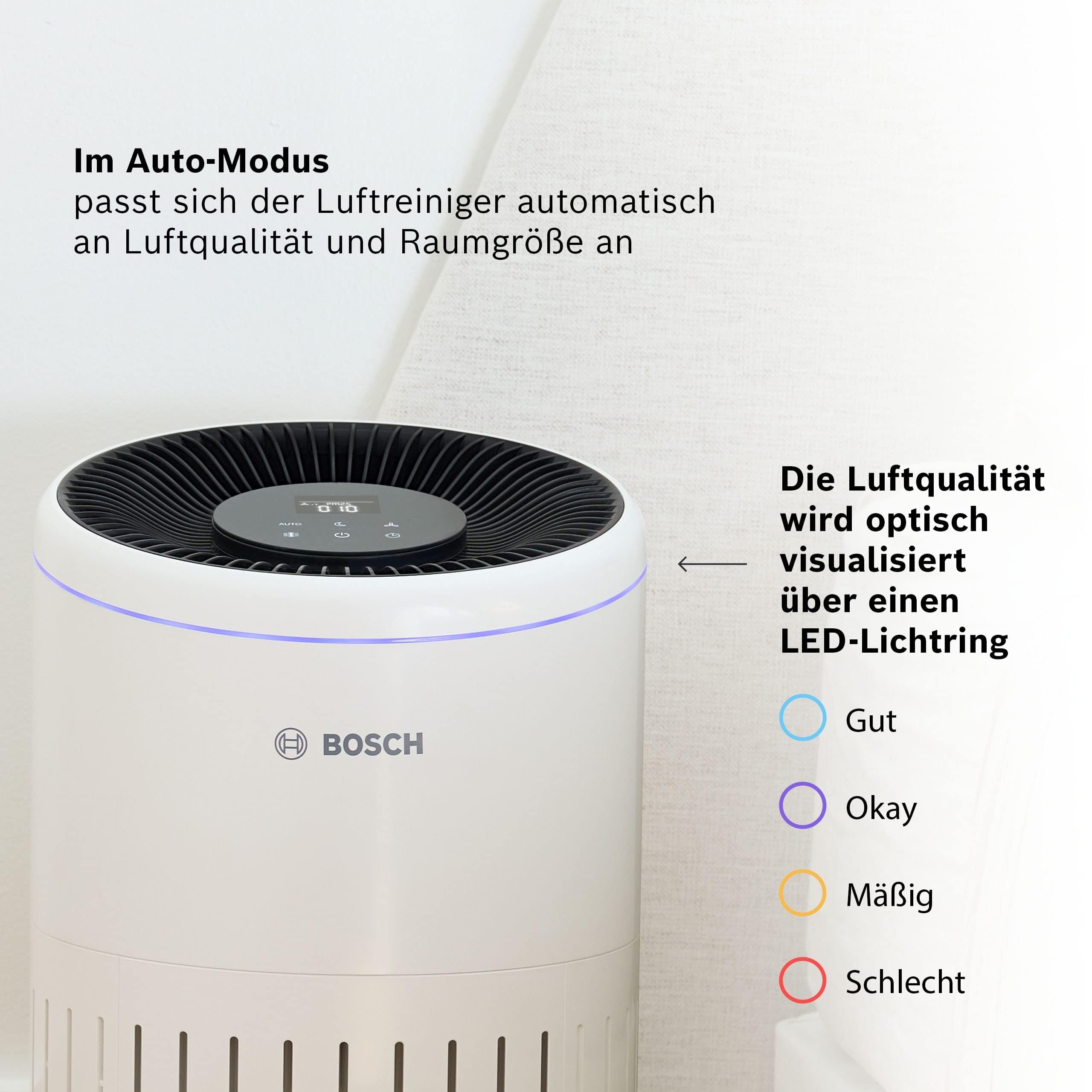 Purificatore Bosch mostra qualità aria con anello LED blu, indicando Buono.