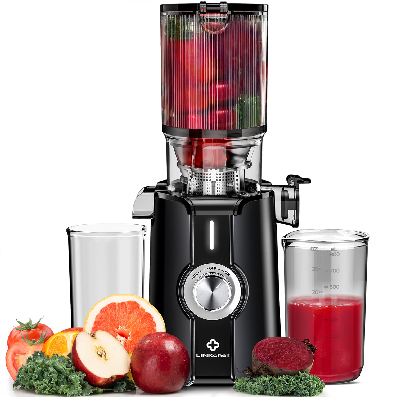 Centrifuga nera con frutta: mele, pompelmo, arancia, pomodoro, cavolo riccio, barbabietola. Caraffa e bicchiere inclusi.