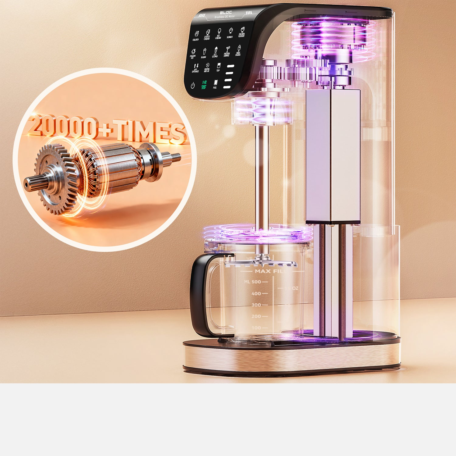 Ein Mixer mit Nahaufnahme von Motor und Getriebe, zeigt 20000+ Mal. Lila Lichter leuchten.