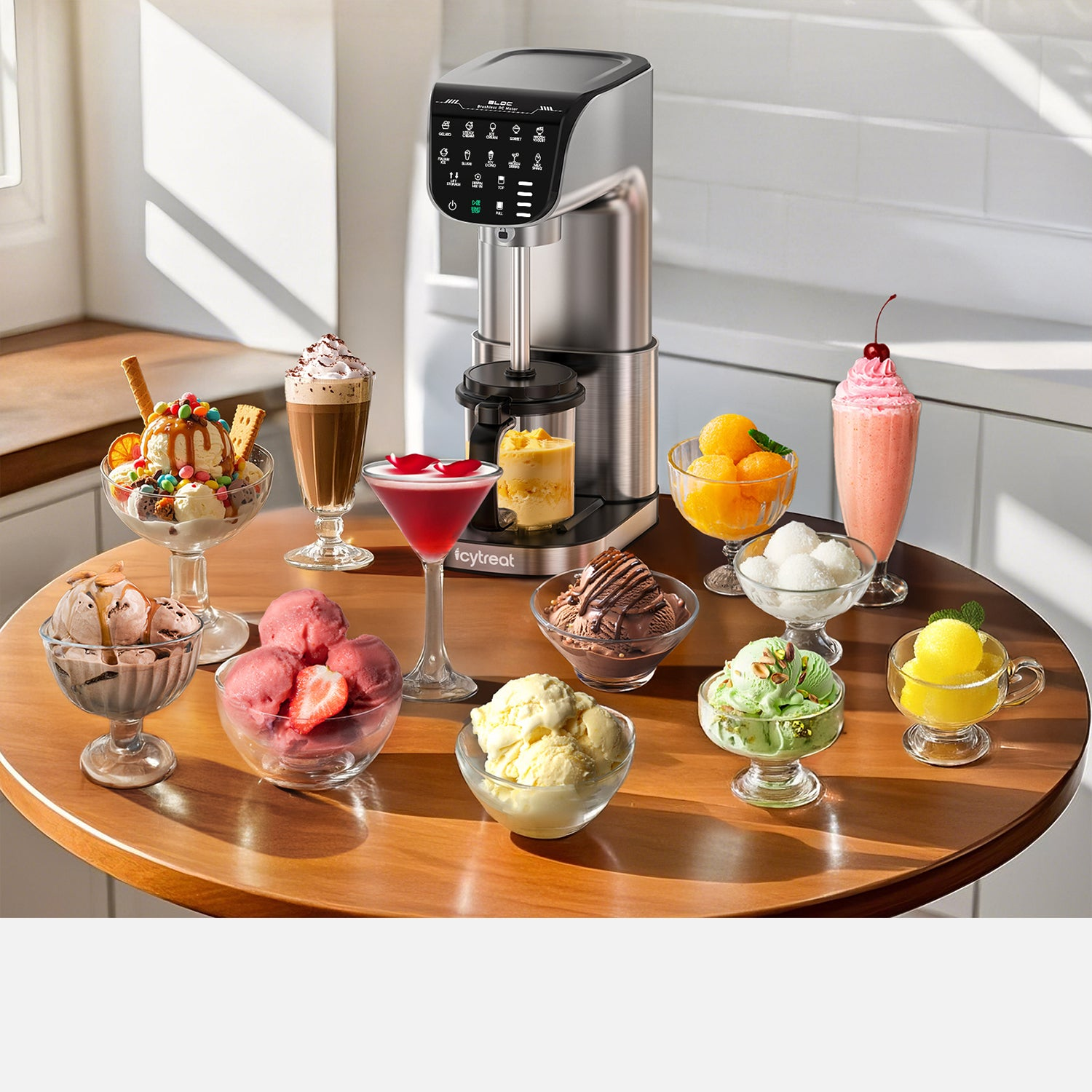 Eismaschine mit vielen Schalen mit Eiscreme, Sorbet und Getränken auf einem Holztisch.