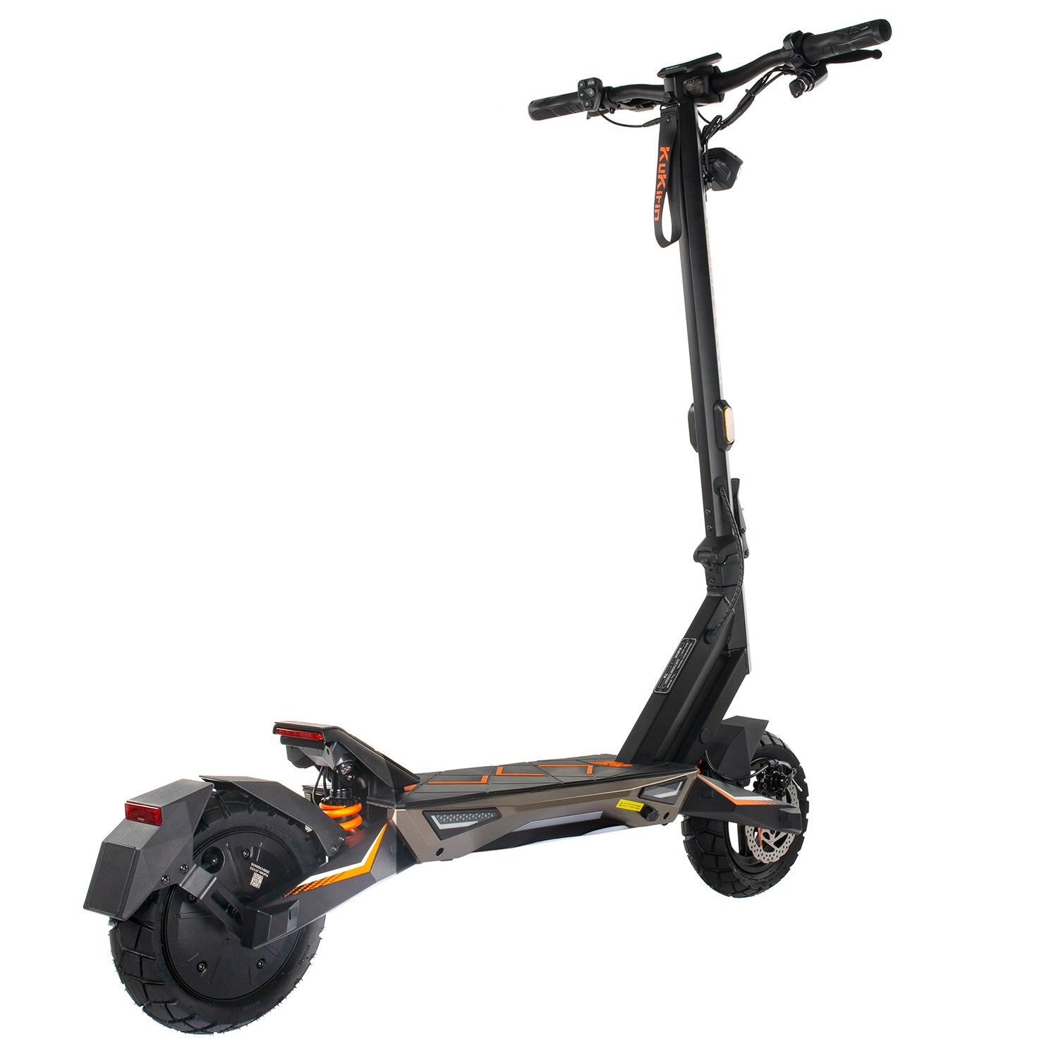 Monopattino elettrico nero con accenti arancioni, mostrato su sfondo bianco.