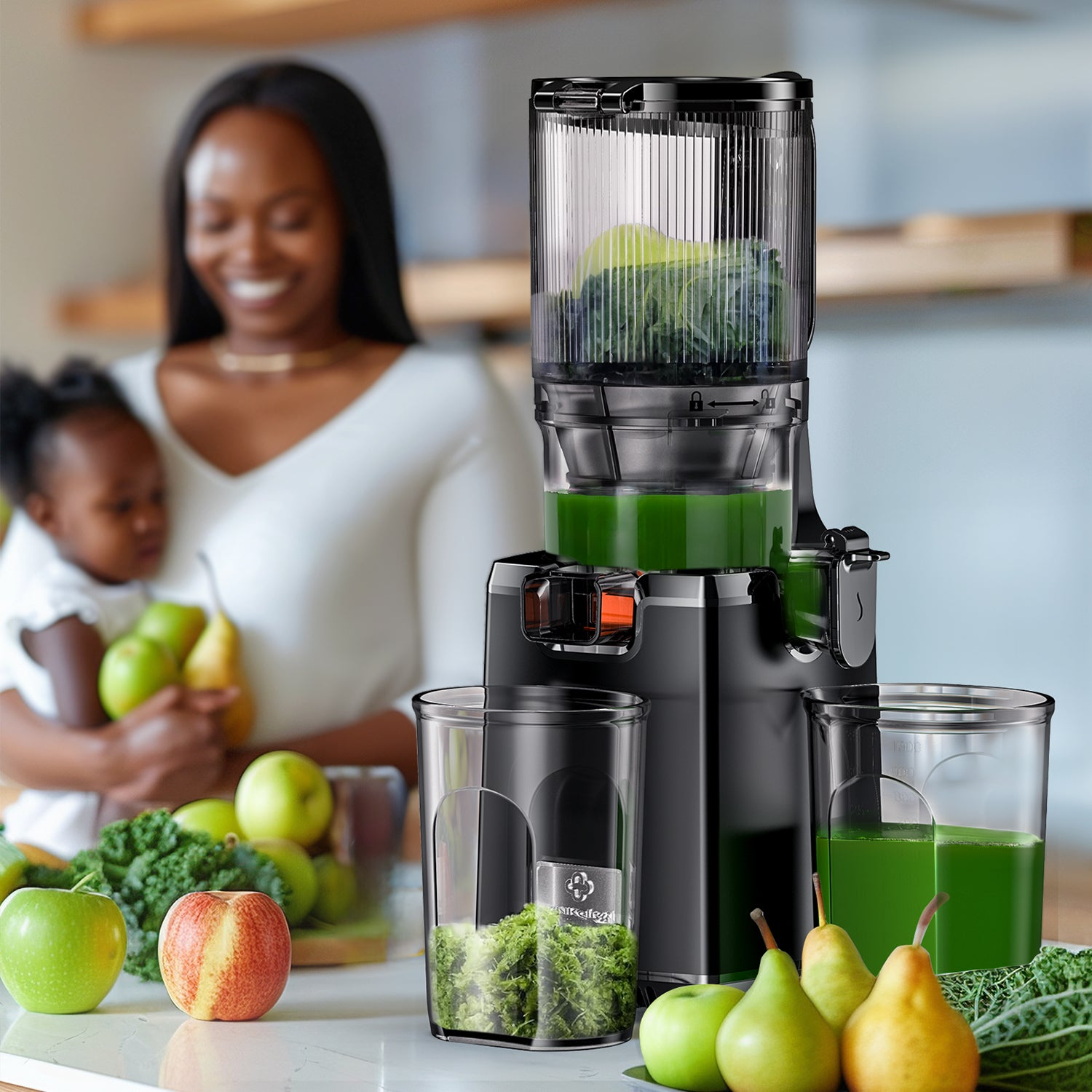 Una donna con un bambino sorride mentre un estrattore fa succo verde, con frutta e cavolo riccio vicino.