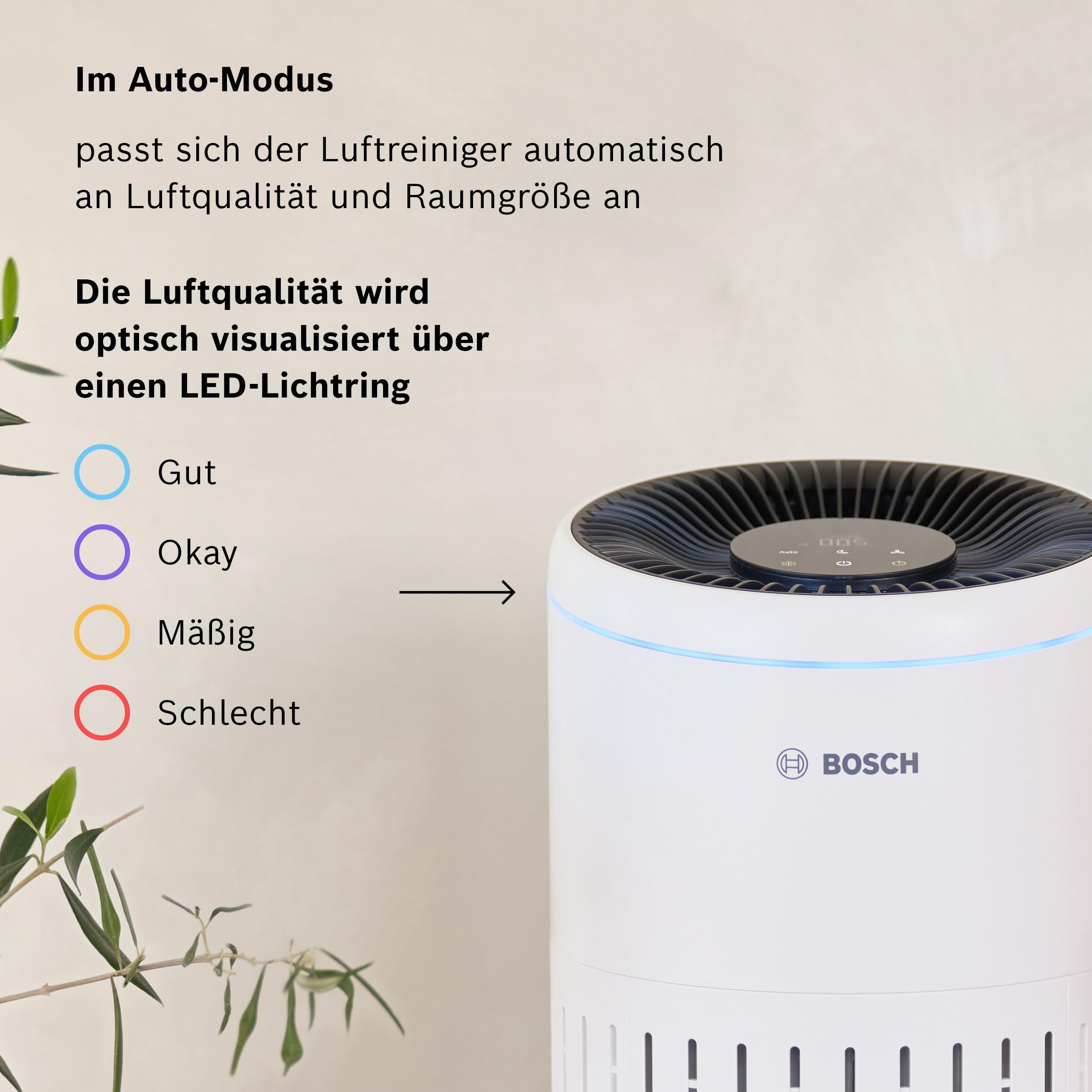 Un purificatore d'aria Bosch bianco con anello LED blu e pannello di controllo. Il testo spiega gli indicatori.