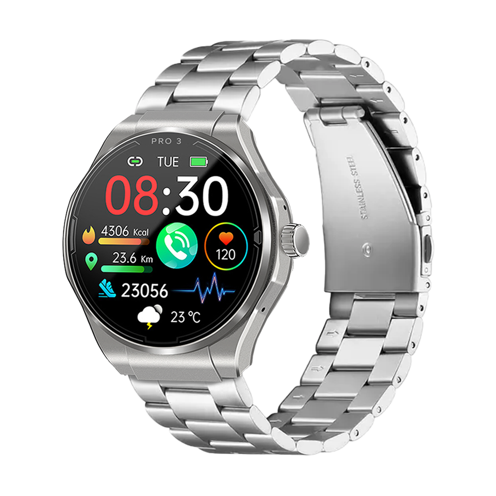 Eine silberne Smartwatch zeigt 08:30, 4306 Kcal, 23,6 Km, 23056 Schritte, 23°C.