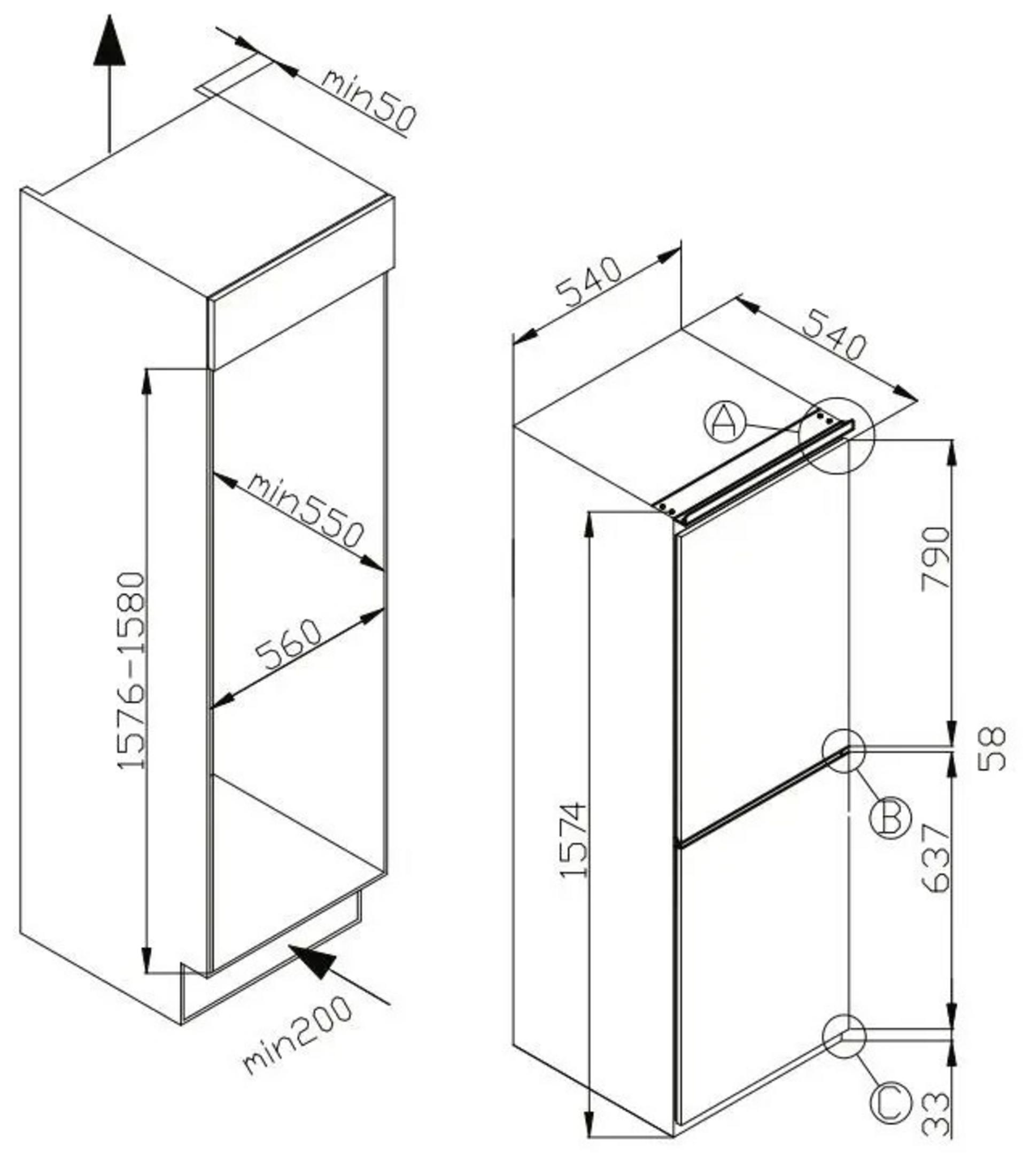 Rysunek techniczny wysokiej szafki z wymiarami i minimalnymi prześwitami.