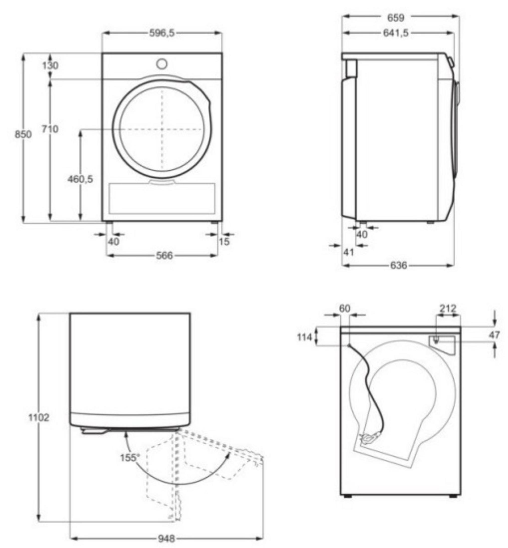 Rysunki techniczne pralki z wymiarami w mm. Pokazuje widoki z przodu, z boku i z góry.