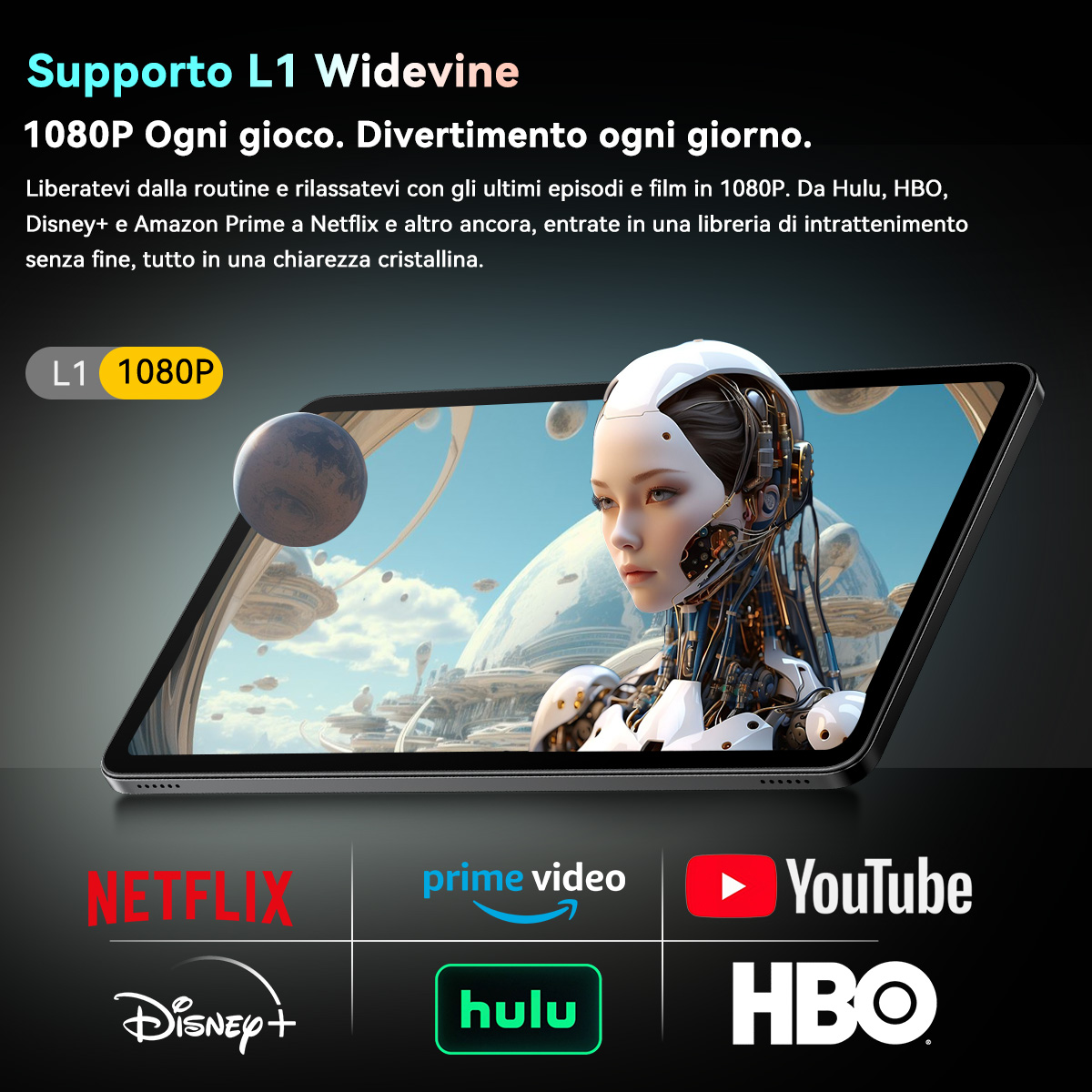 Tablet mostra volto di robot, pianeta e paesaggio urbano. Loghi: Netflix, Prime Video, YouTube, Disney+, Hulu, HBO.