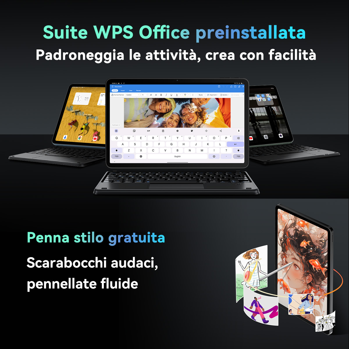 Tablet con WPS Office e tastiere. Uno mostra una foto, l'altro un documento.