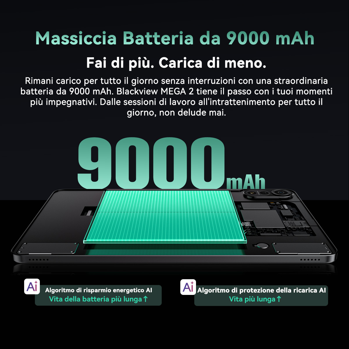 Uno smartphone con batteria da 9000 mAh, evidenziato da una grafica luminosa.