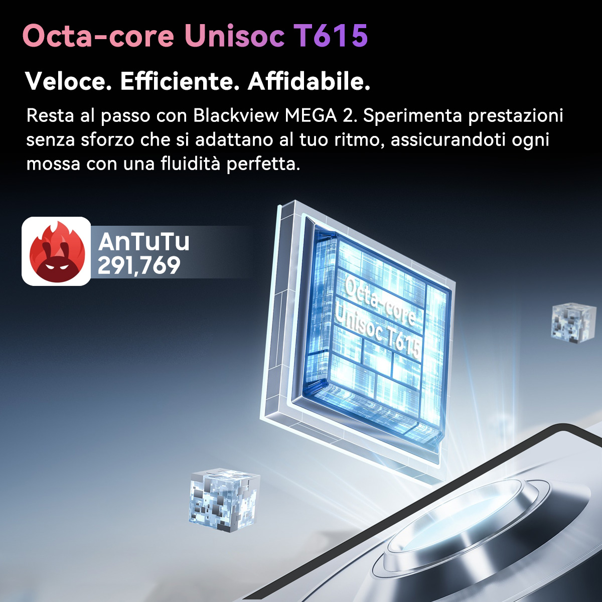 Chip Octa-core Unisoc T615 visualizzato con punteggio AnTuTu 291.769.