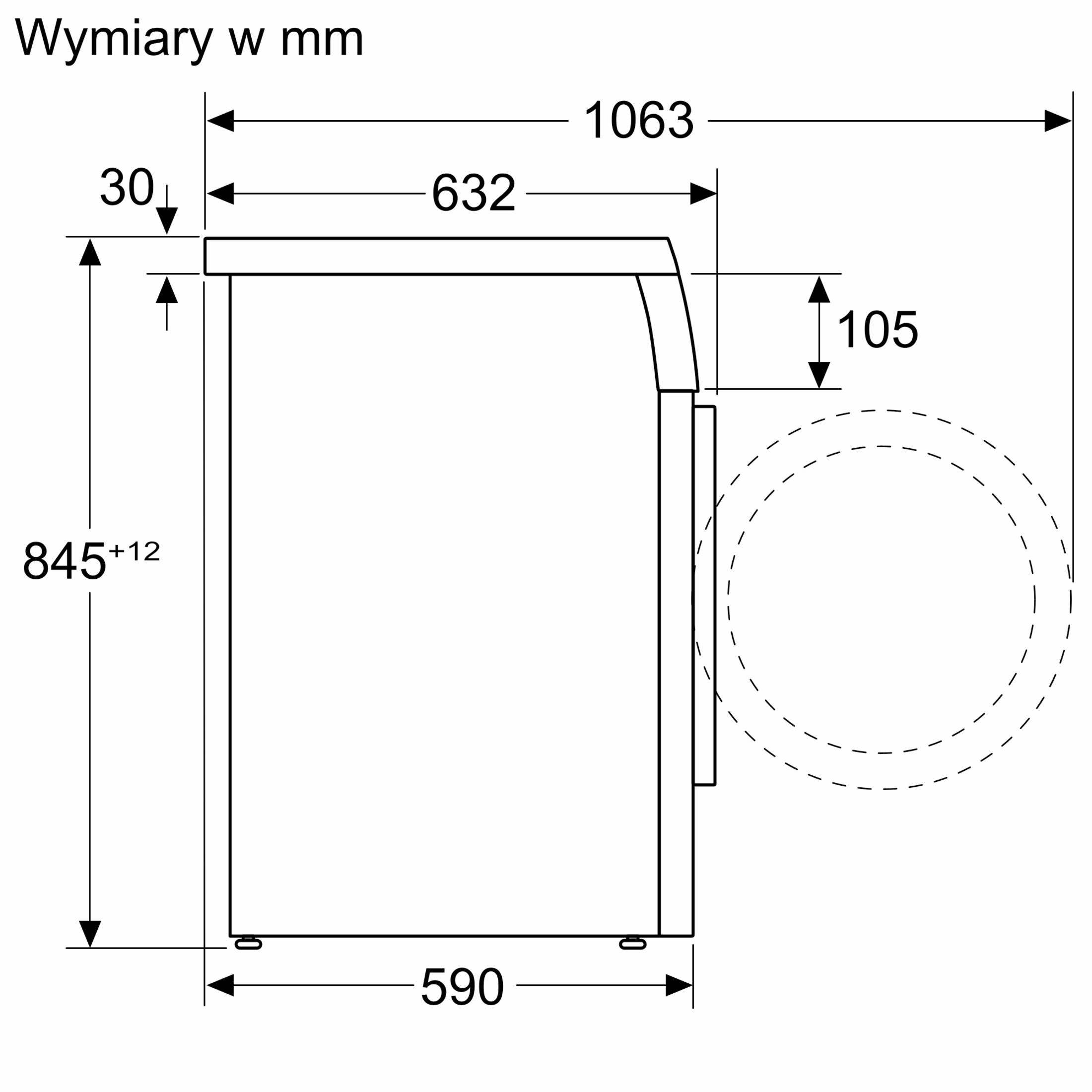 Rysunek techniczny pokazujący wymiary pralki: wysokość 845+12mm, szerokość 590mm, głębokość 632mm.