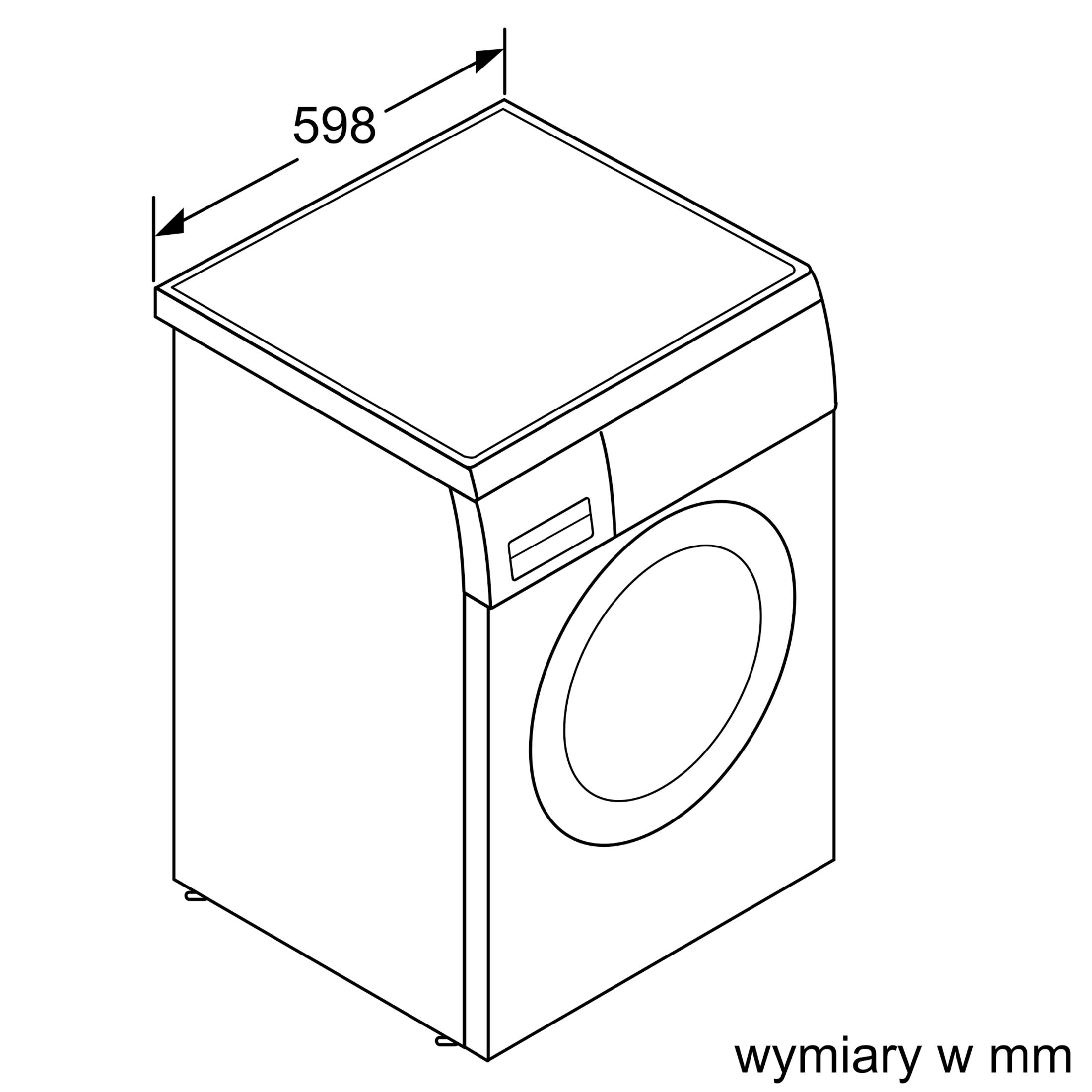 Rysunek techniczny pralki z wymiarem 598 mm.