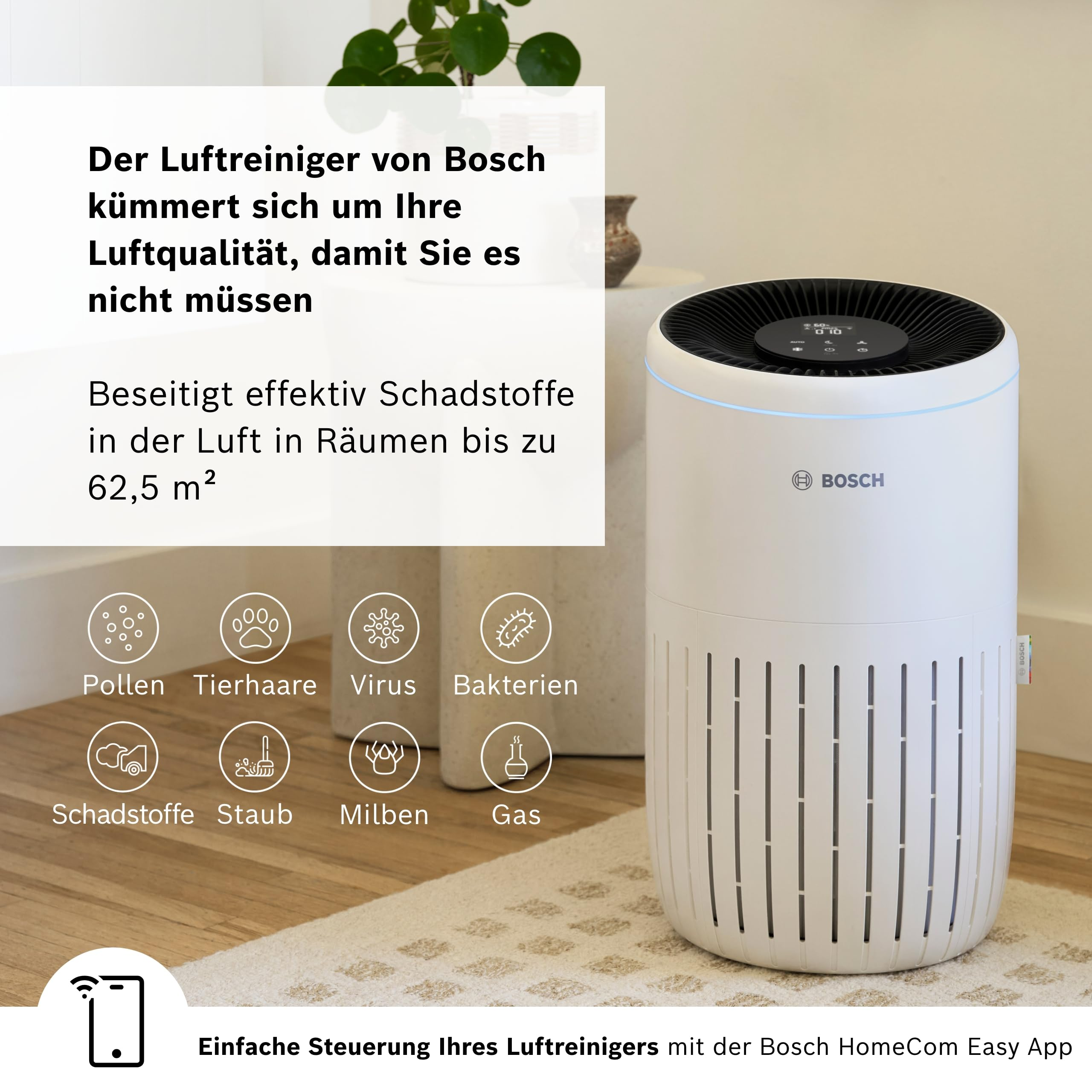Purificador de aire Bosch blanco sobre alfombra, lista partículas filtradas como polen, polvo y bacterias.