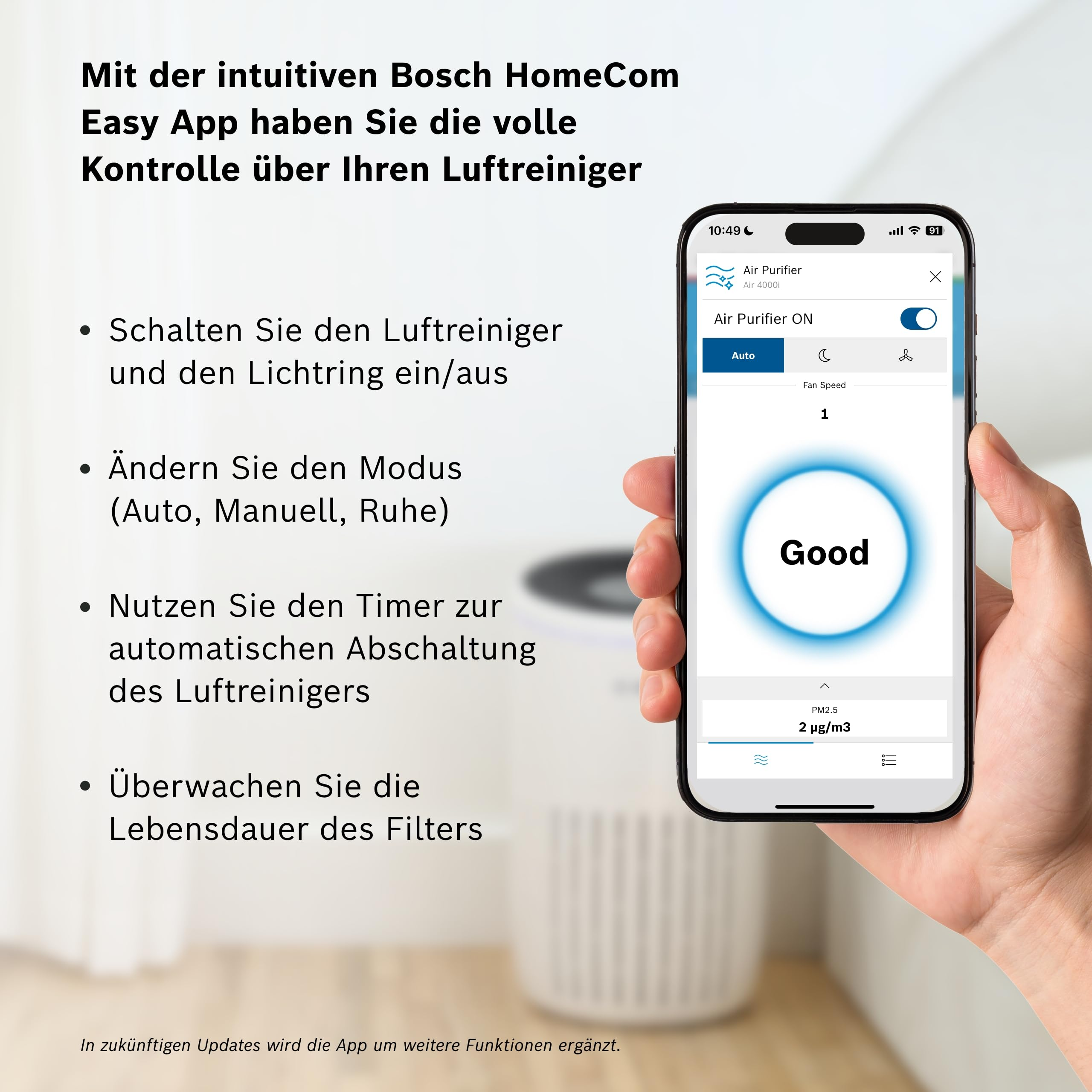 Teléfono mostrando la App Bosch HomeCom controlando un purificador de aire con calidad 'Buena'.