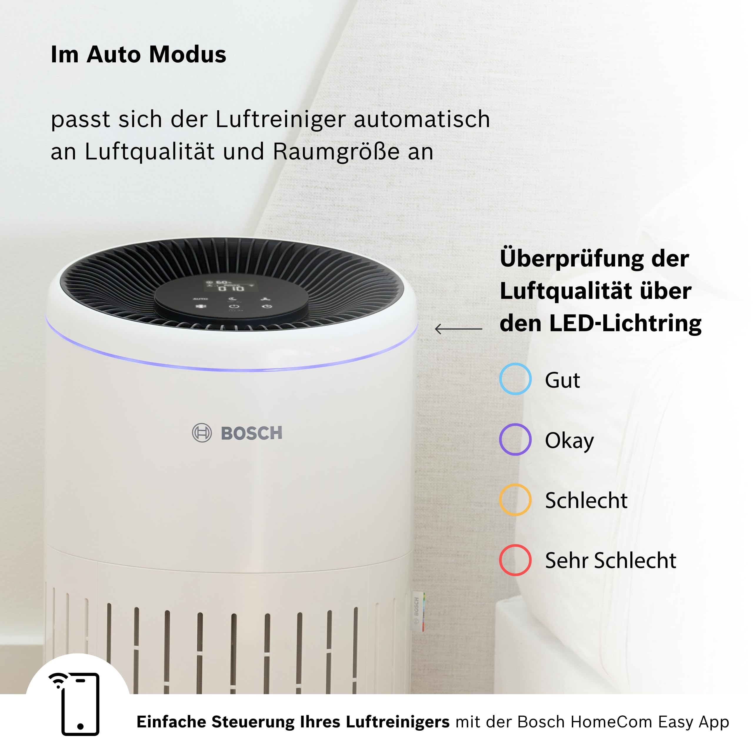 Un purificador de aire Bosch blanco en modo automático con anillo de luz LED que indica la calidad del aire.