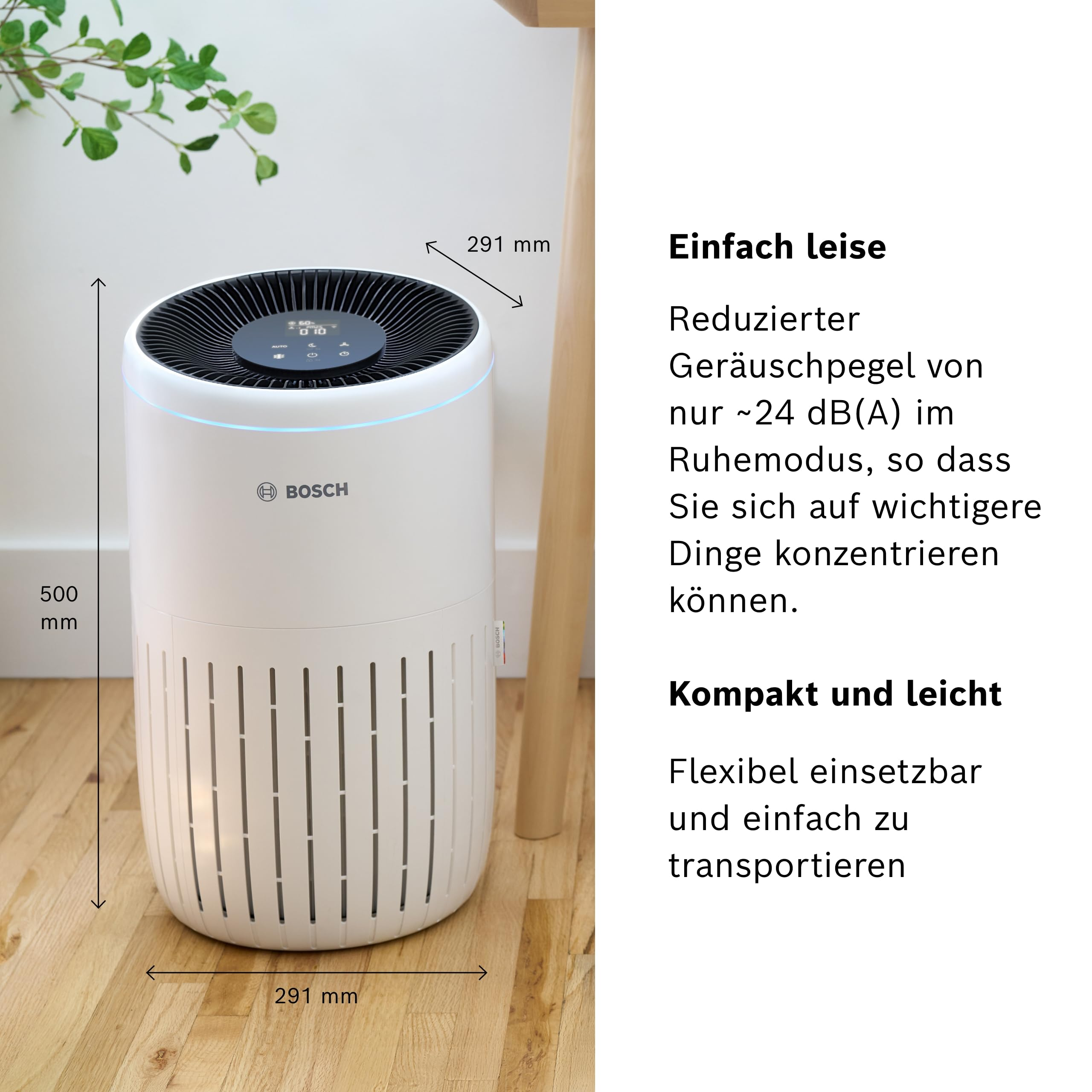 Un purificador de aire Bosch blanco con pantalla digital está sobre un suelo de madera.