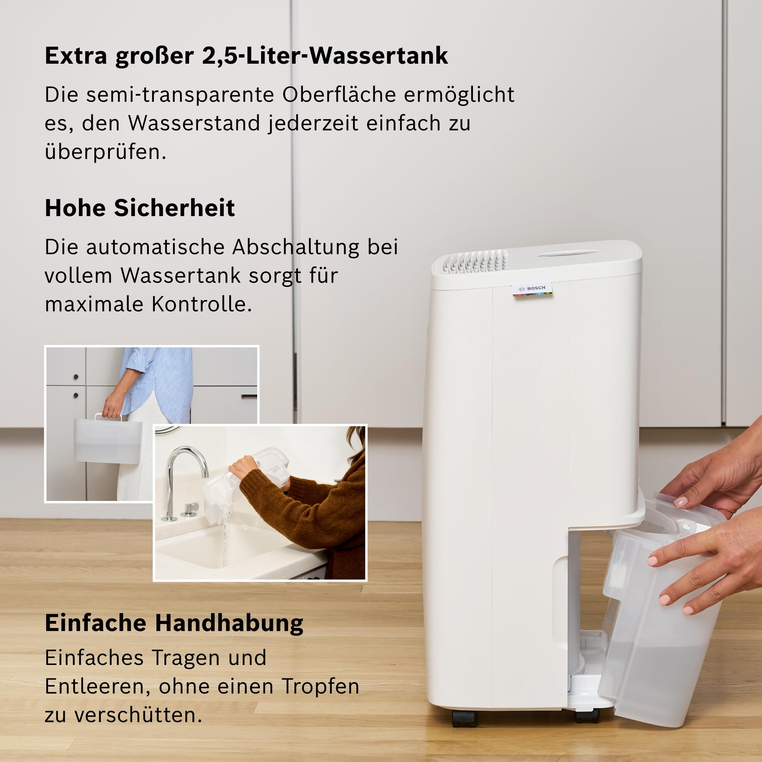 Ein weißer Entfeuchter mit einem großen Wassertank, der leicht zu entnehmen ist.
