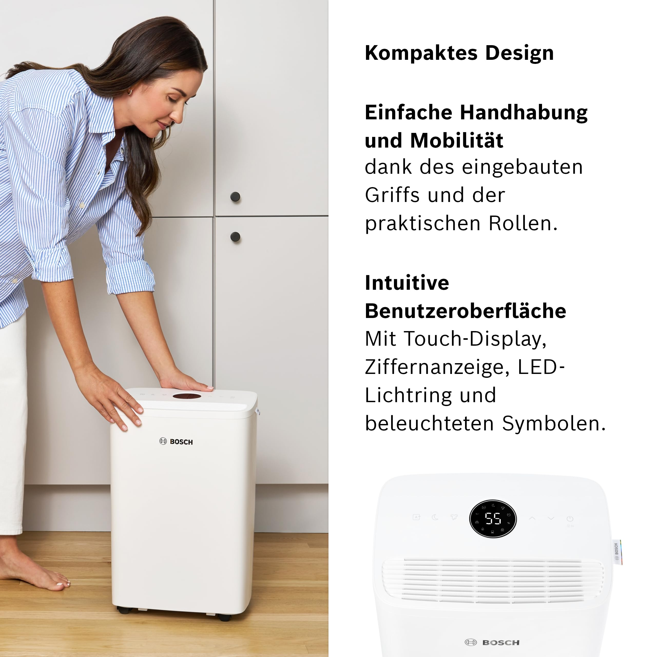 Frau im blau gestreiften Hemd stellt weiße Bosch Luftentfeuchter mit Digitalanzeige ein.