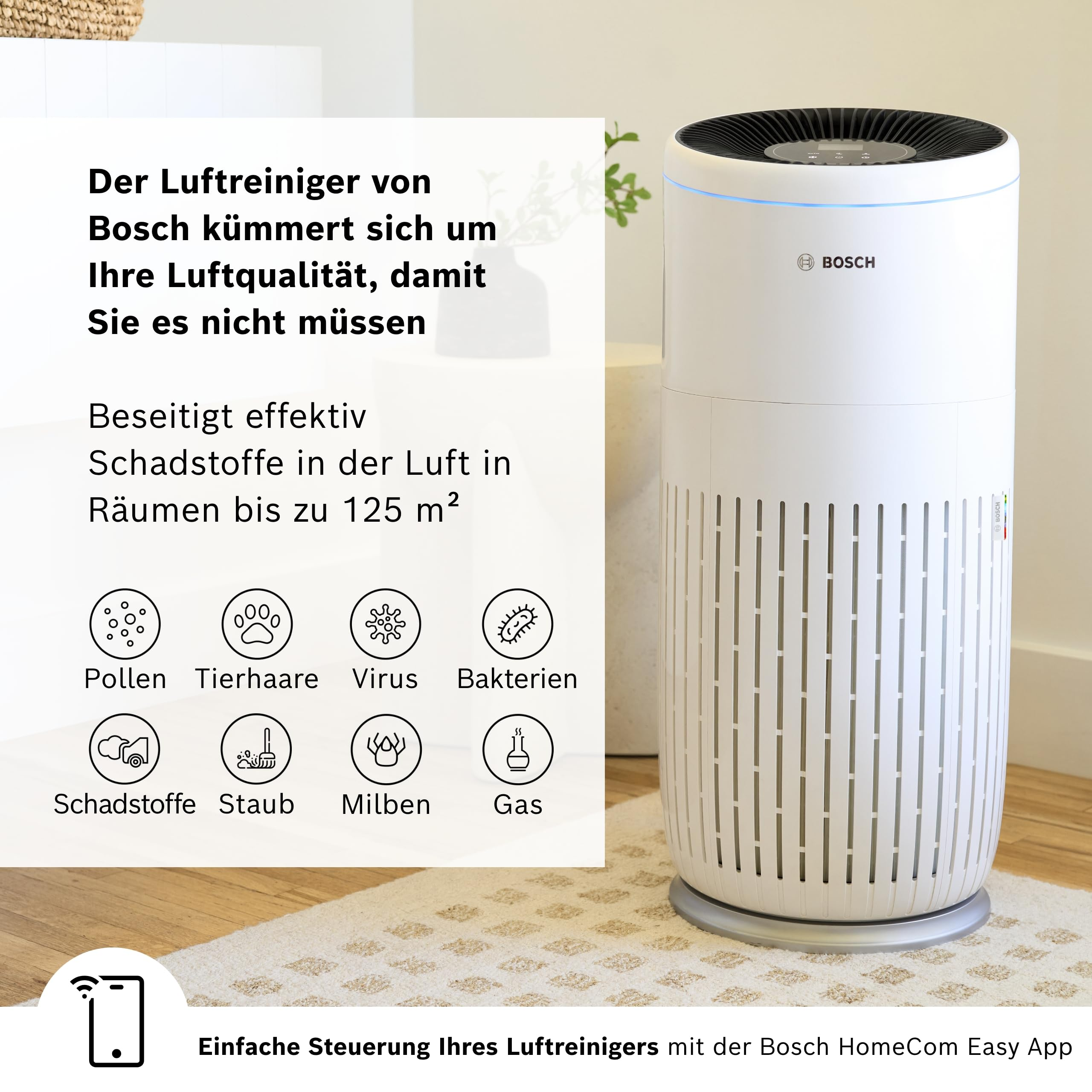 Ein weißer Bosch Luftreiniger steht auf einem Teppich. Icons zeigen Pollen, Tierhaare, Viren, Bakterien, Schadstoffe, Staub, Milben, Gas.