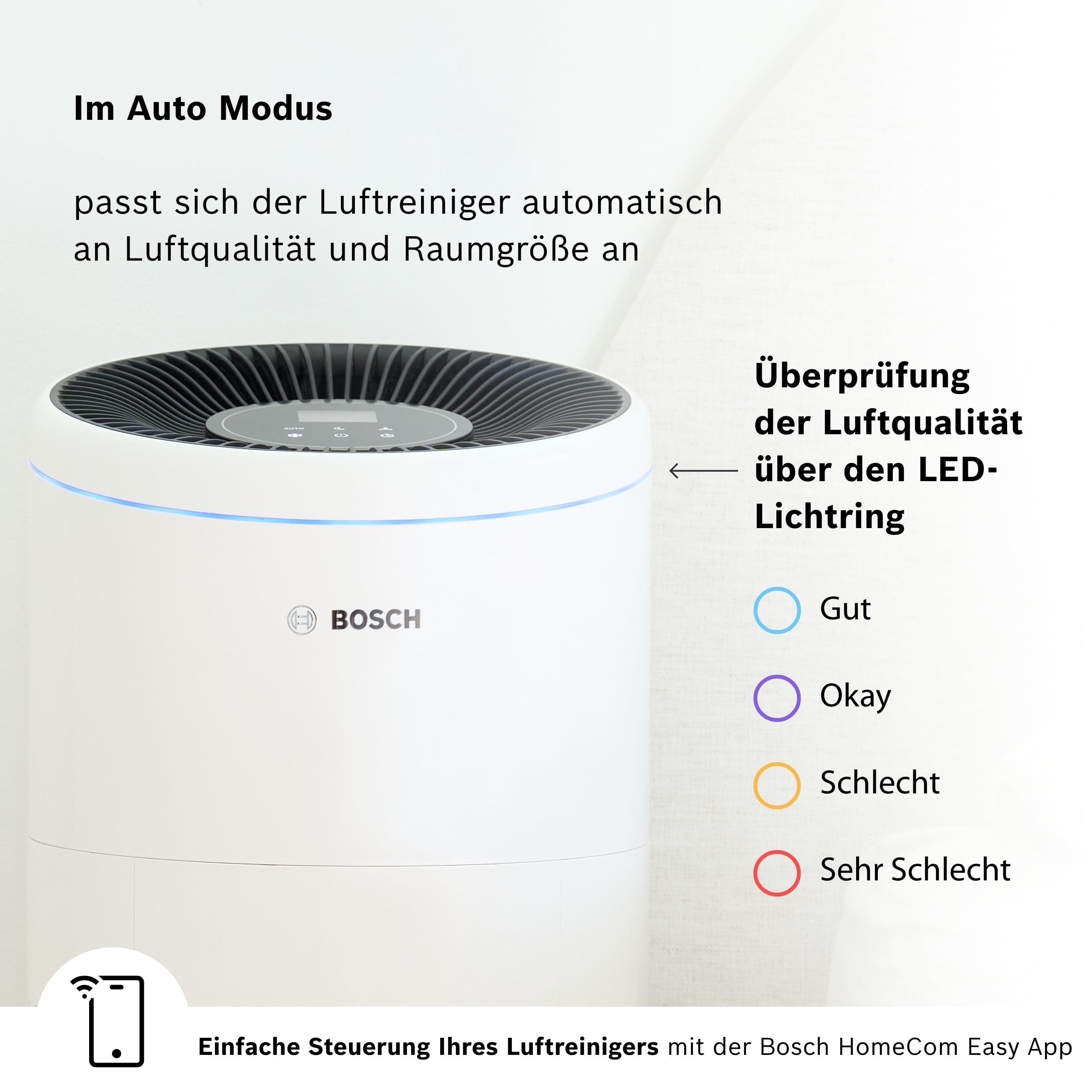 Bosch Luftreiniger im Automatikmodus. LED-Ring zeigt Luftqualität an: blau für gut, lila für okay, orange für schlecht.