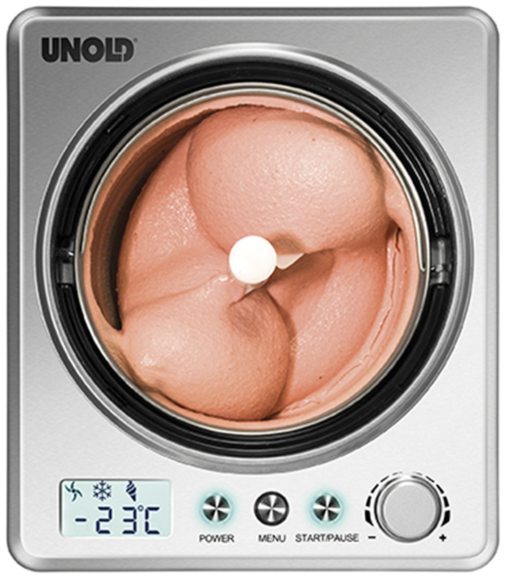 Eine silberne Unold Eismaschine mit rührender rosa Eismasse.