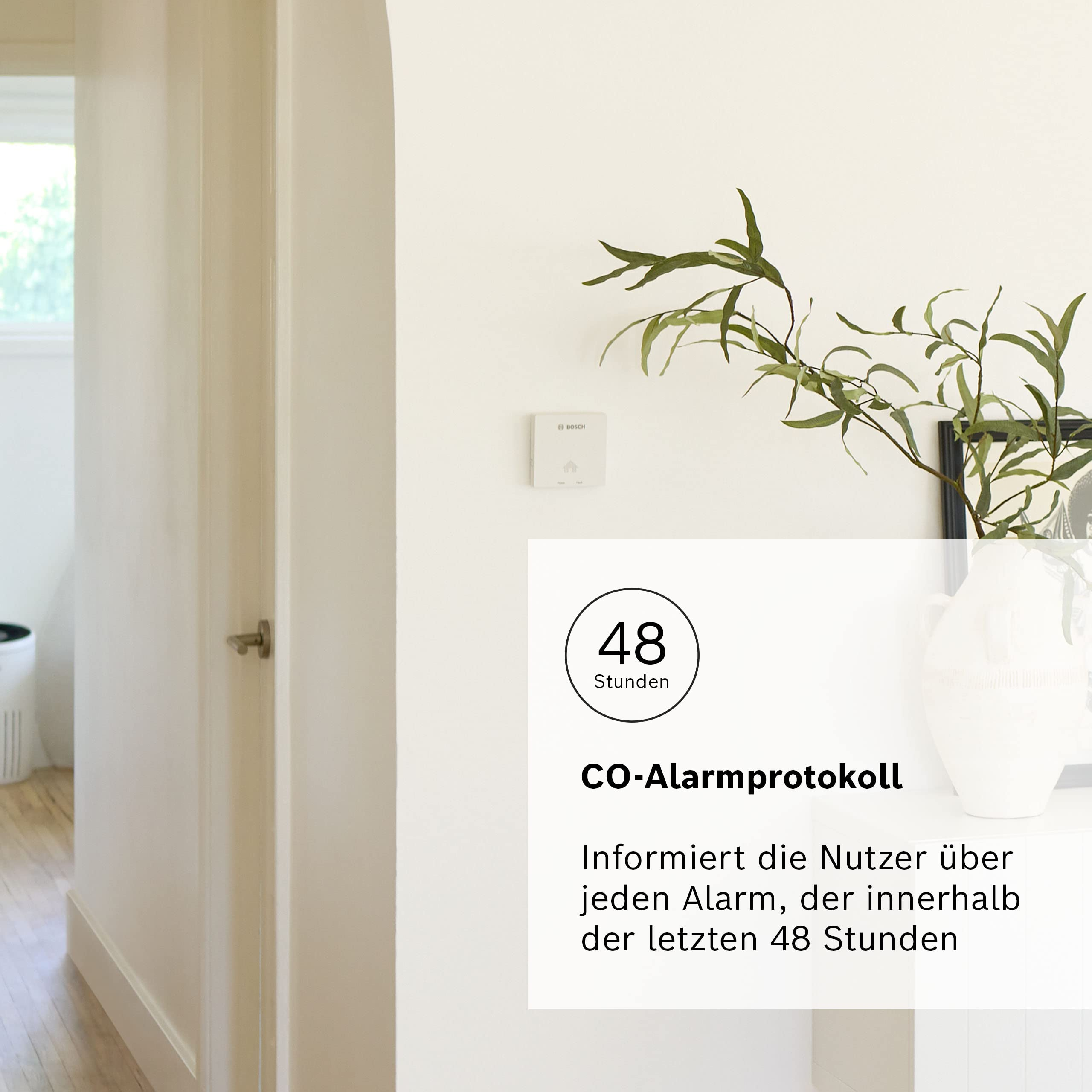Bosch CO-Alarmprotokoll zeigt 48 Stunden. Informiert Nutzer über jeden Alarm der letzten 48 Std.
