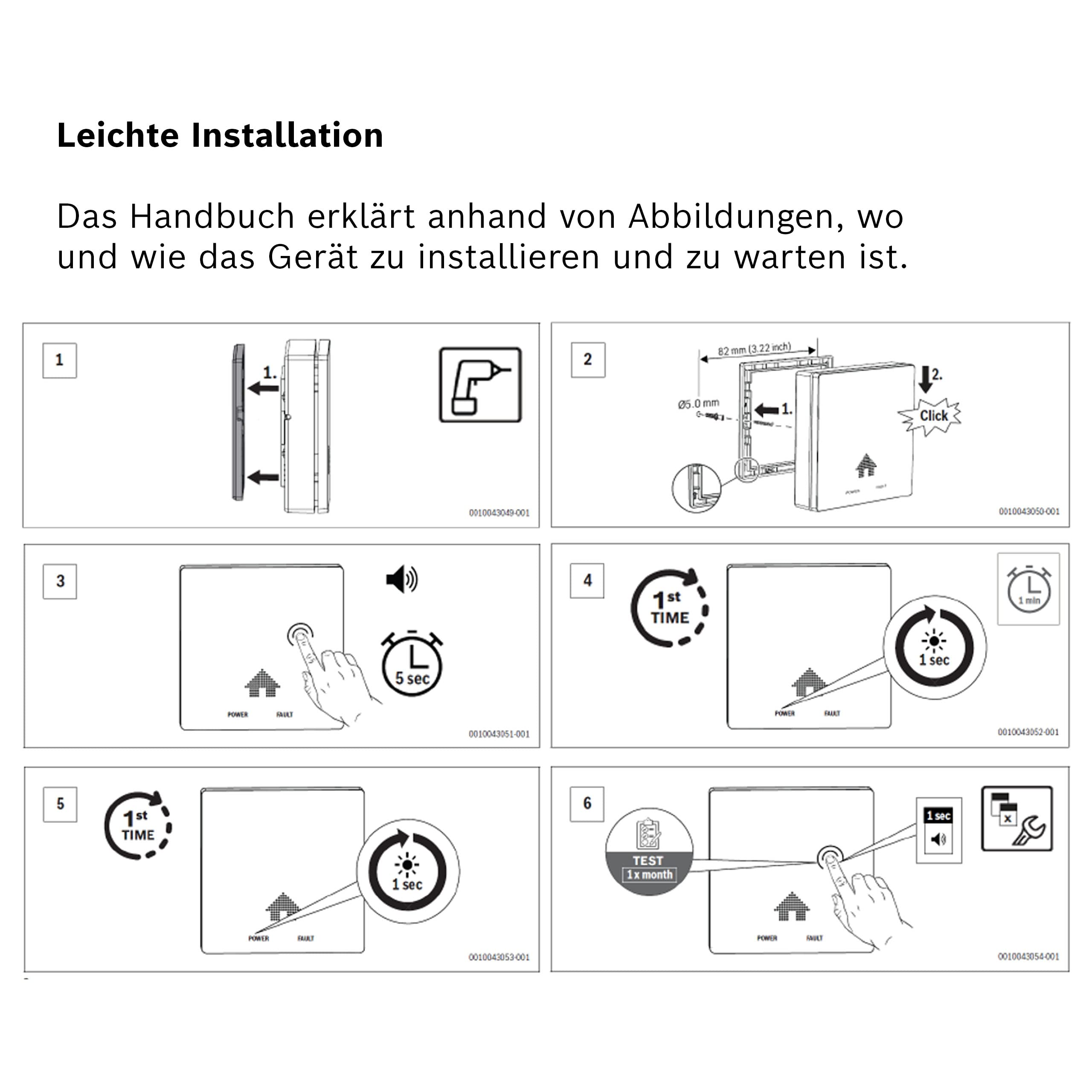 Handbuch zeigt einfache Installationsschritte: Bohren, Montieren, Testen.
