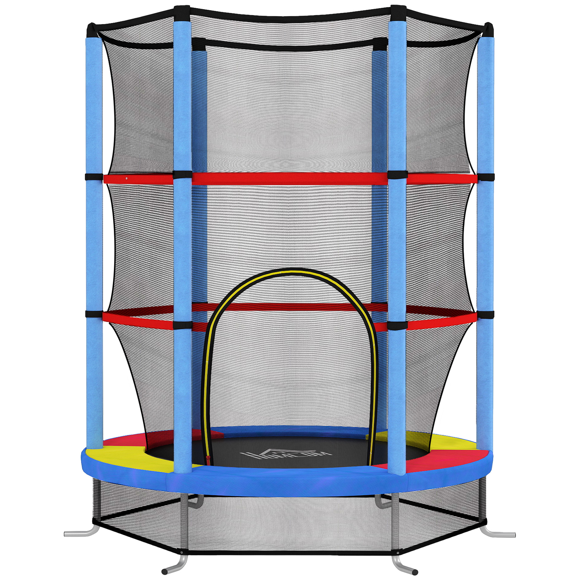 Un trampolino rotondo colorato con pali blu, fasce rosse, rete di sicurezza e arco d'ingresso giallo.