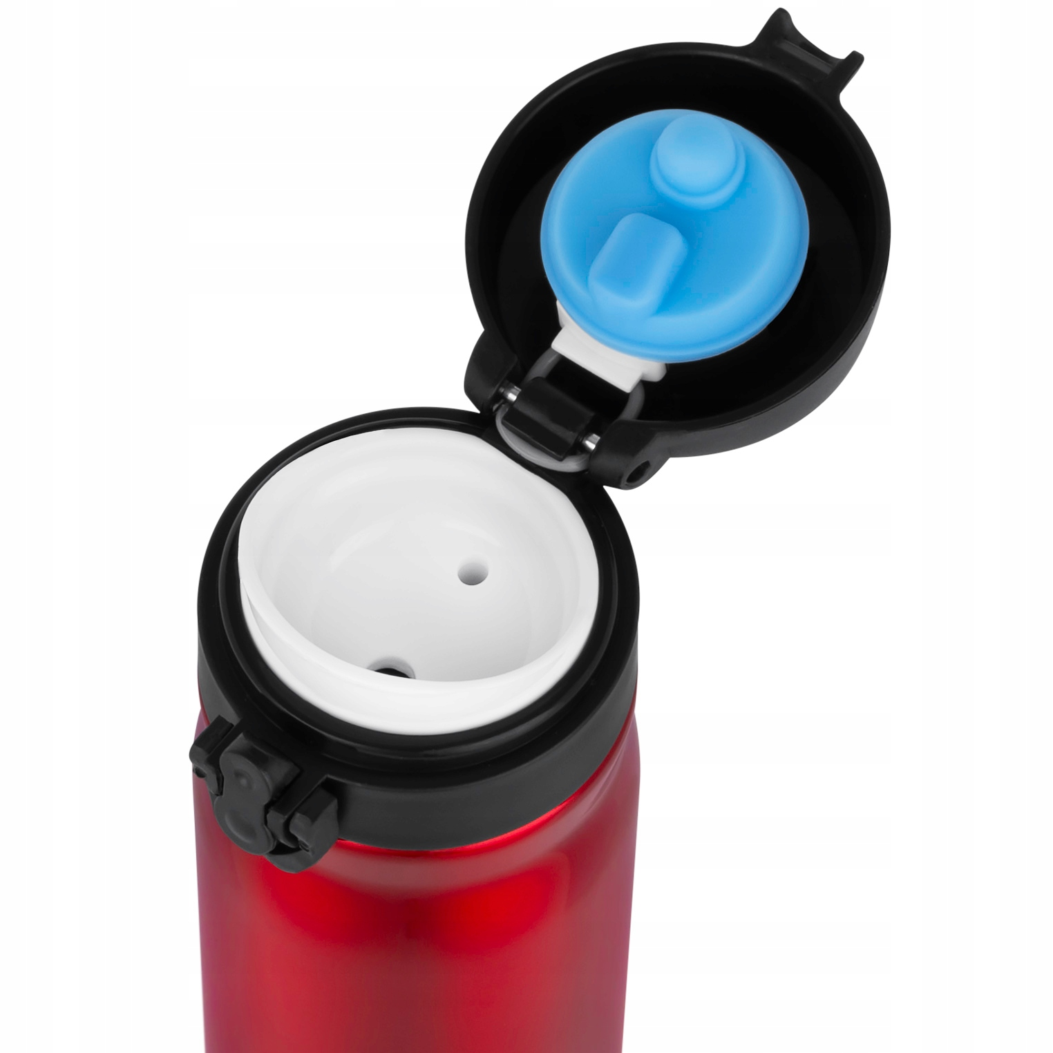 Ein roter Thermosbehälter mit offenem schwarzem Deckel, der einen blauen Knopf und ein weißes Inneres zeigt.