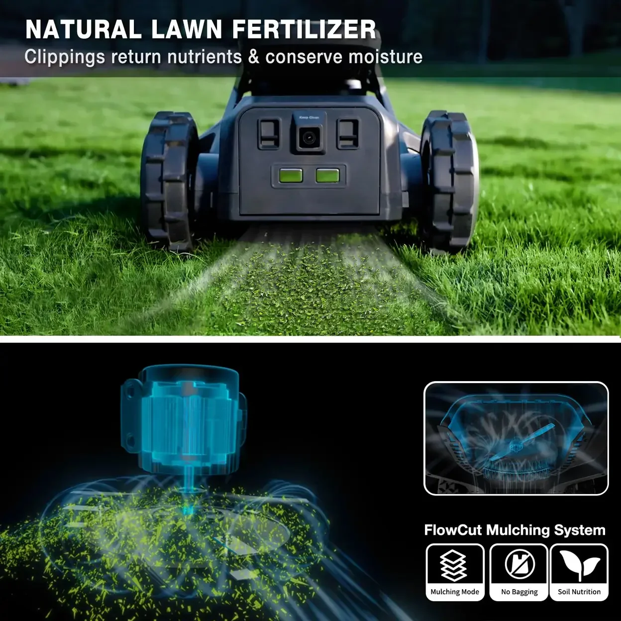 Ein Rasenmäher mulcht Grasschnitt und zeigt das FlowCut Mulchsystem.