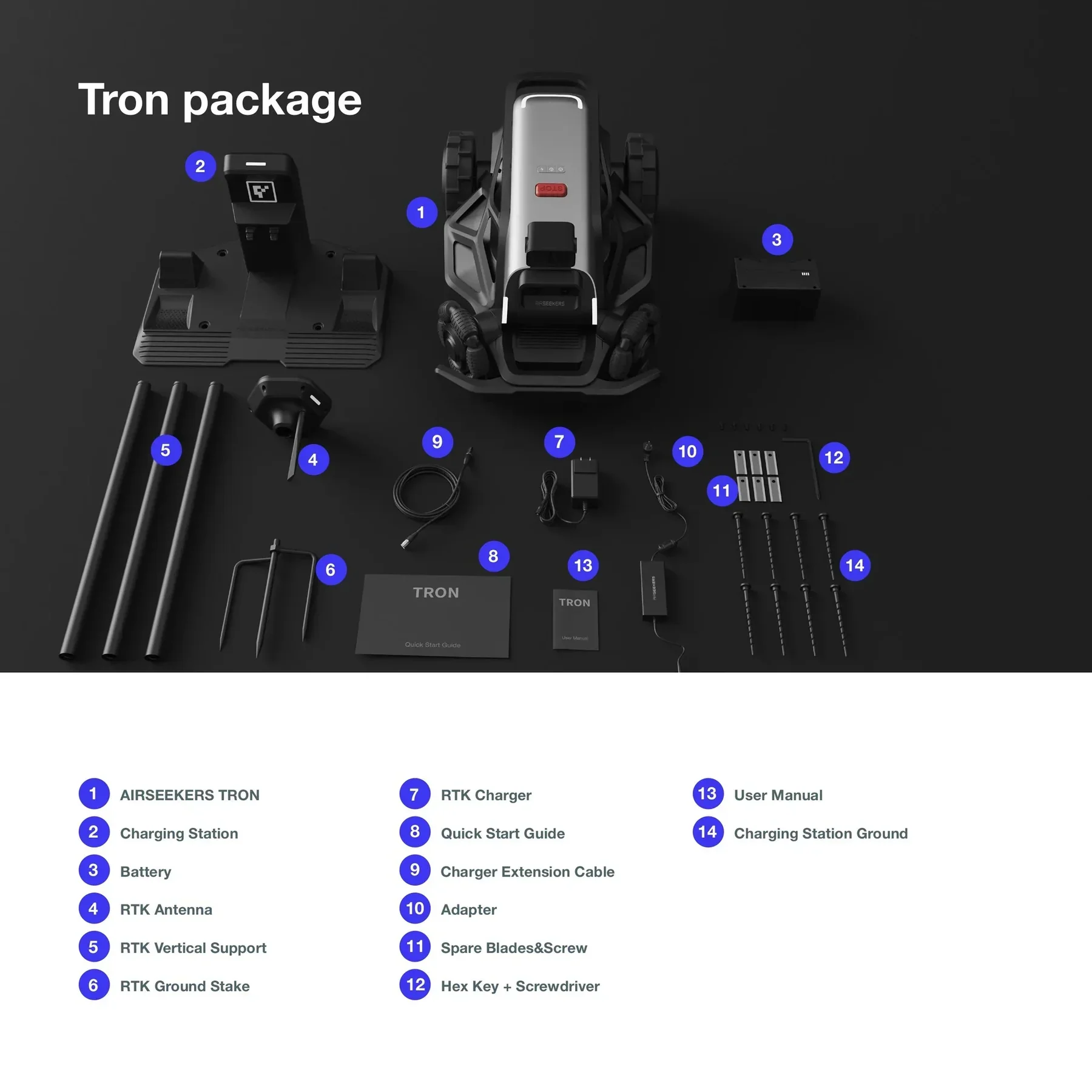 Tron-Paketkomponenten: Roboter, Ladestation, Akku, Antenne, Stützen, Erdspieß, Ladegerät, Anleitungen, Kabel, Adapter, Schrauben, Inbusschlüssel.