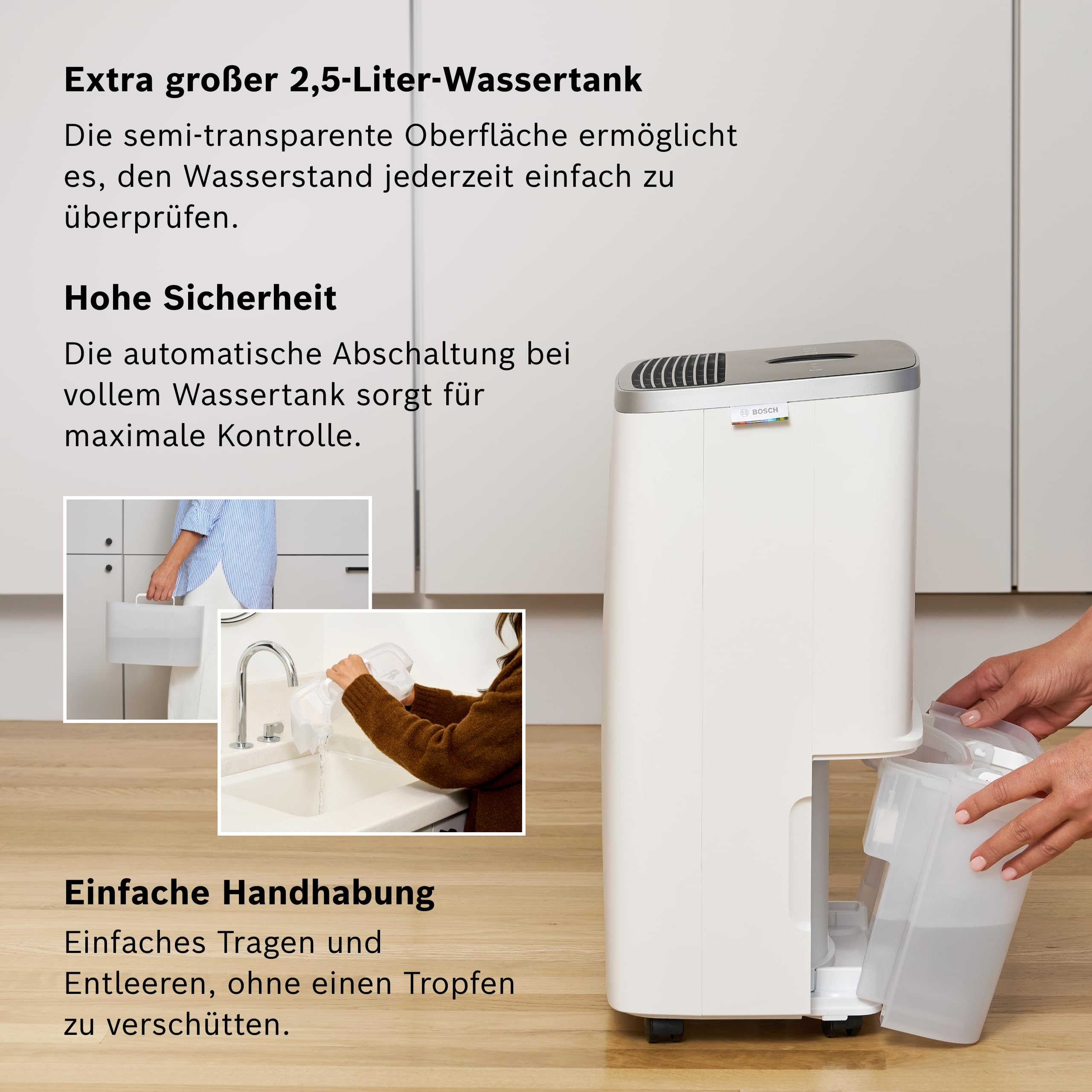 Ein weißer Luftentfeuchter mit einem transparenten Wassertank wird gezeigt.