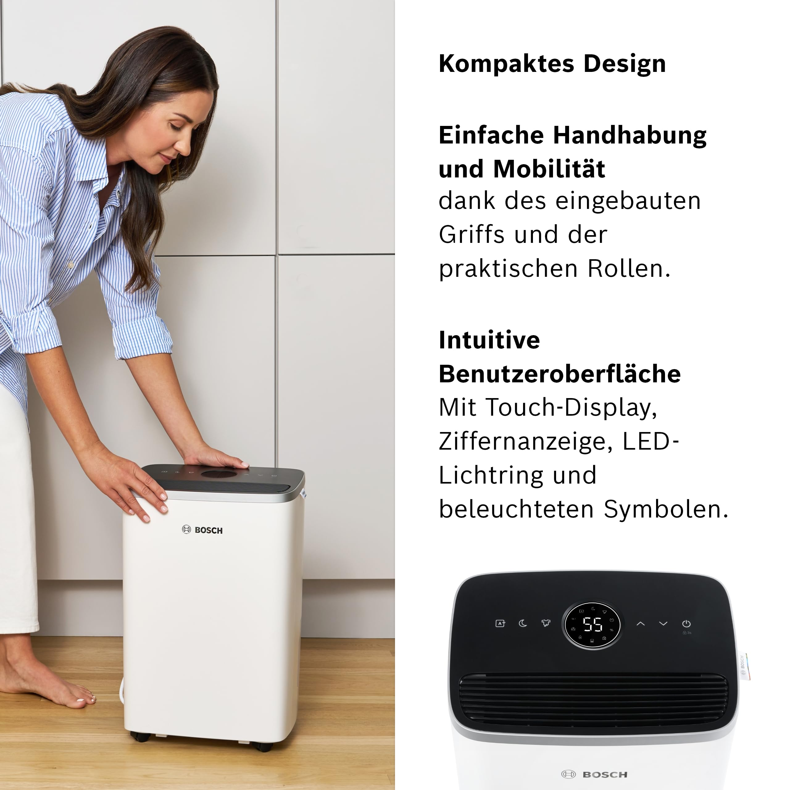 Eine Frau in einem blau gestreiften Hemd bedient einen weißen Bosch Luftreiniger mit Digitalanzeige.