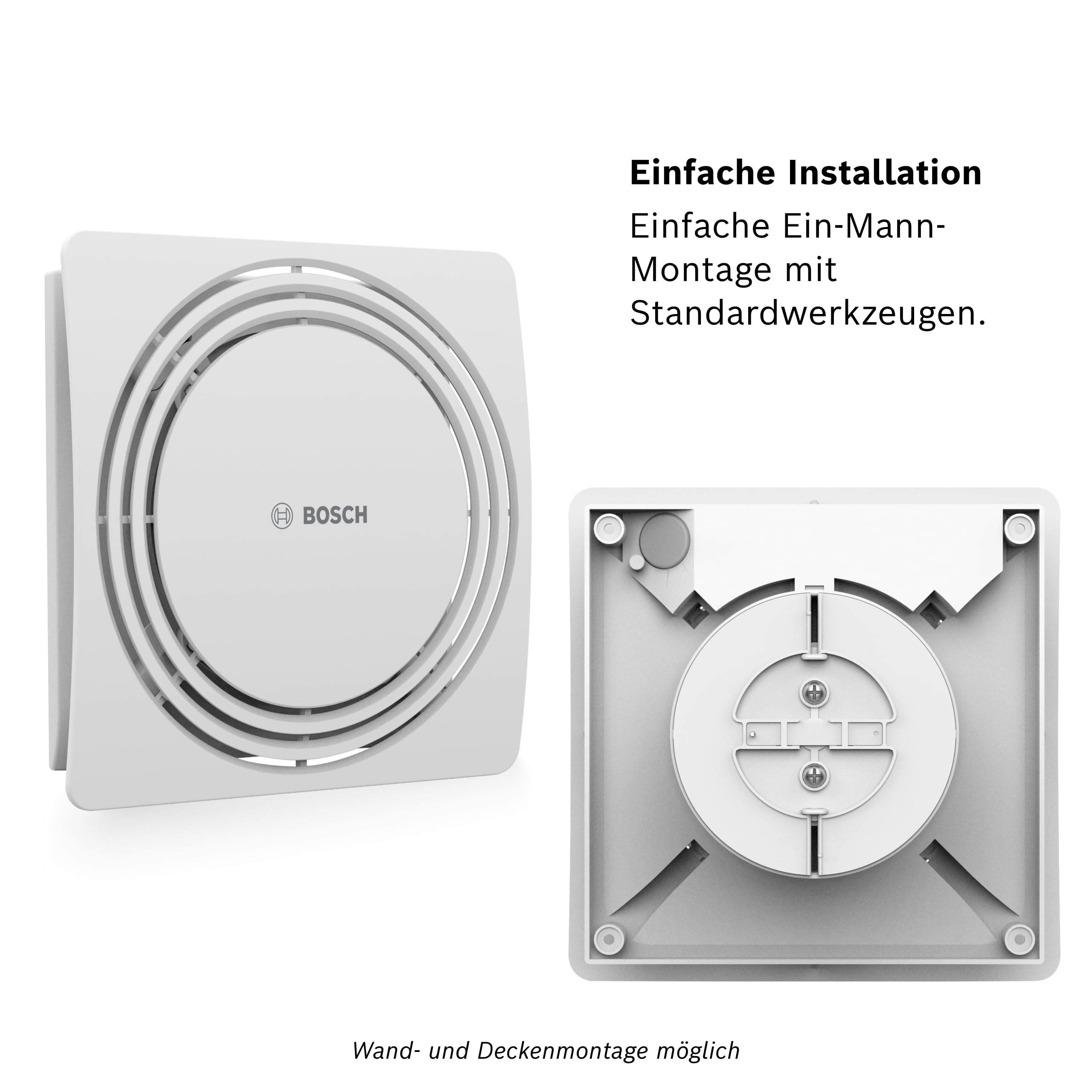 Unità di ventilazione Bosch vista anteriore e posteriore. Facile installazione, montaggio singolo.