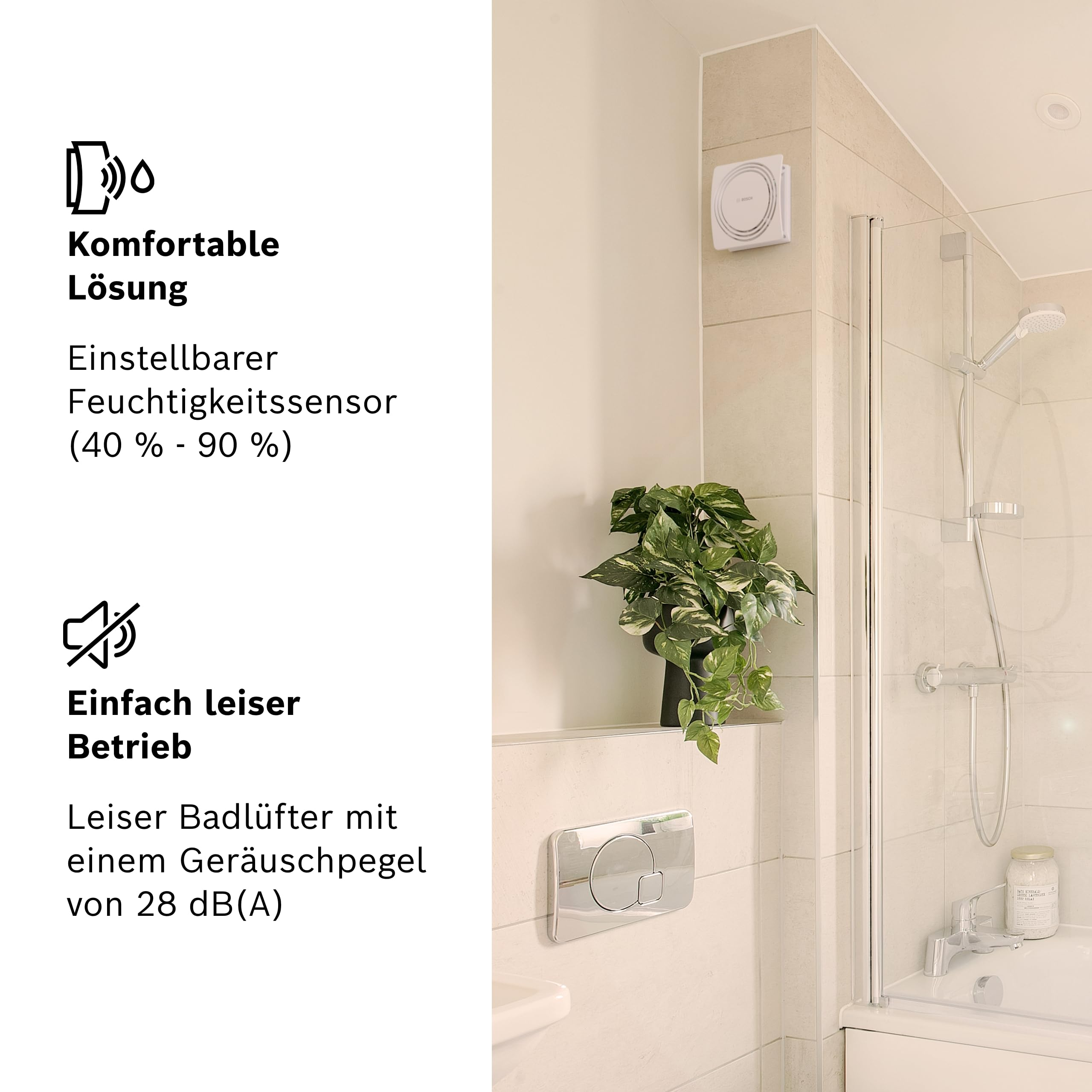 Un bagno con piastrelle, ventilatore, pianta e vasca da bagno.