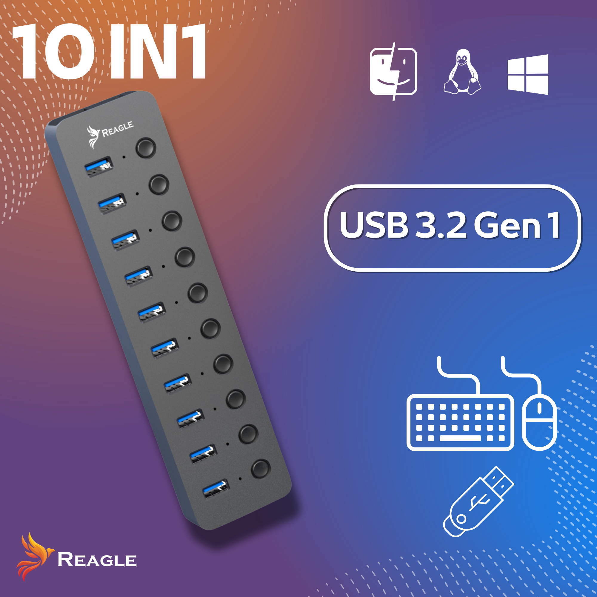 Hub USB 3.2 Gen 1 10 w 1 z wieloma portami i ikonami systemów operacyjnych.