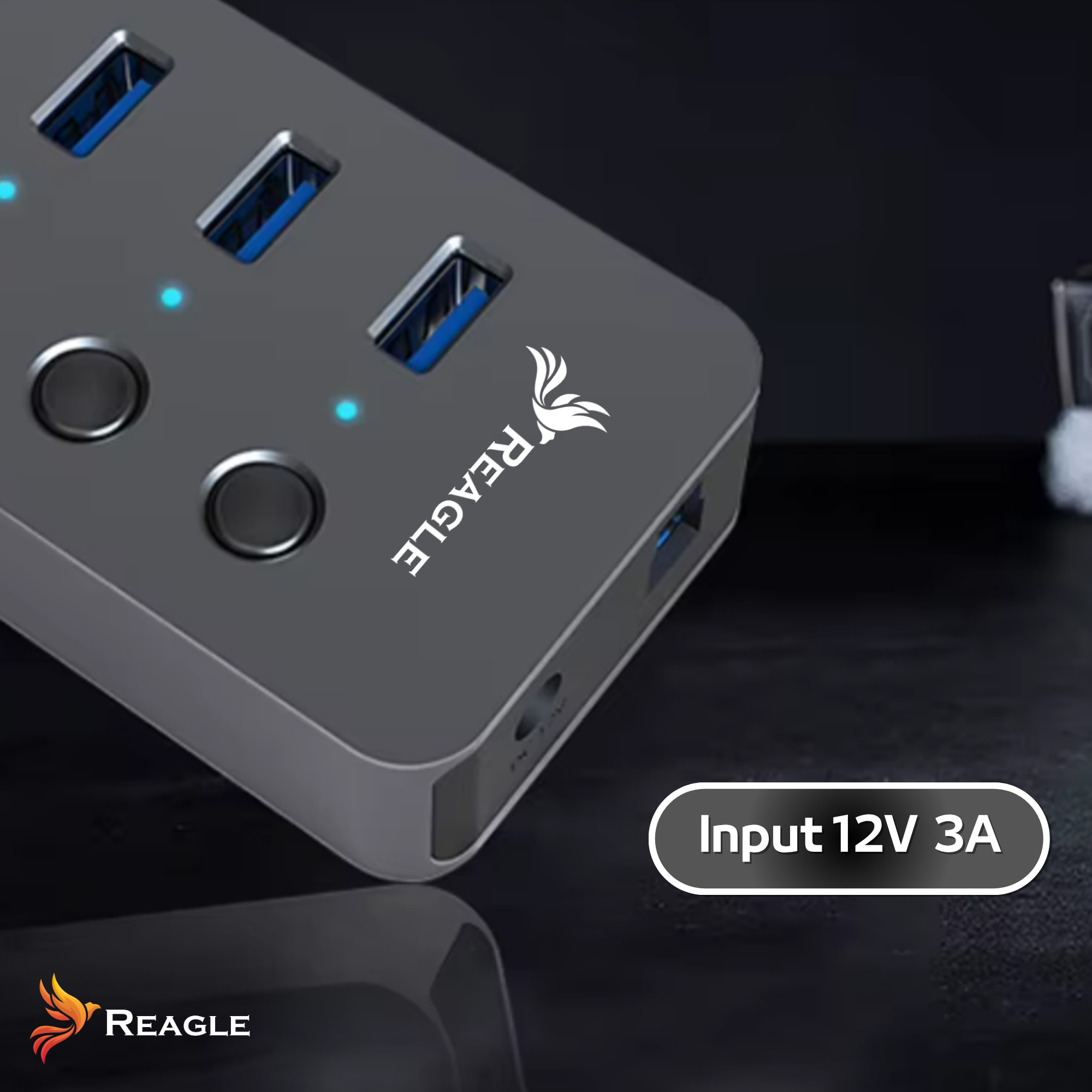 Szara piasta USB z niebieskimi portami i diodami LED. Oznaczenie: REAGLE.