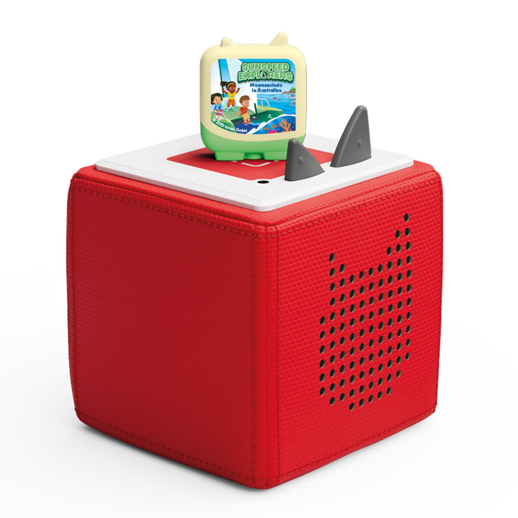 Un cube rouge Toniebox avec une figurine jaune clair montrant 'Sunspeed Explorers'.