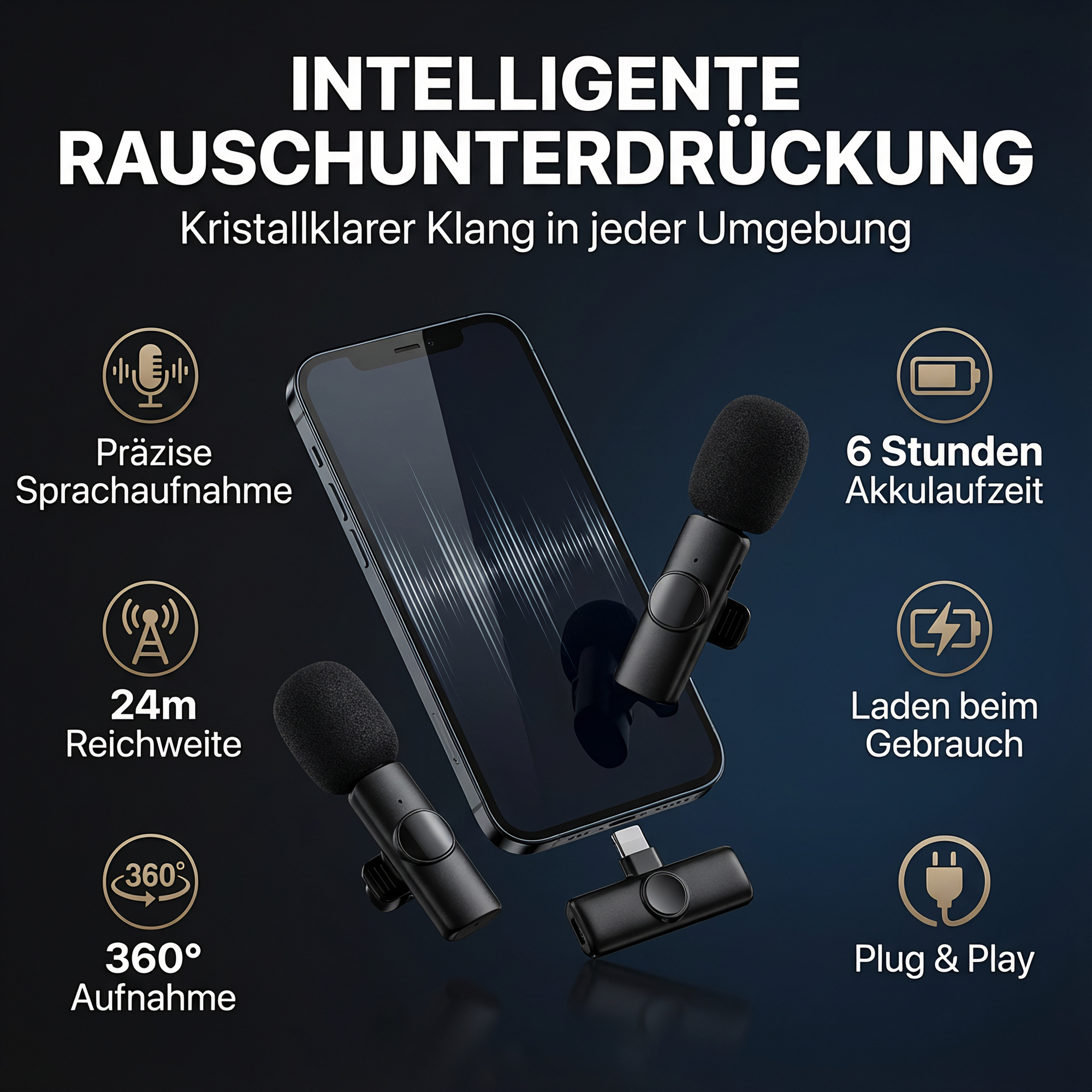 Intelligente Geräuschunterdrückung mit Mikrofonen, Smartphone, Reichweite, Akku.