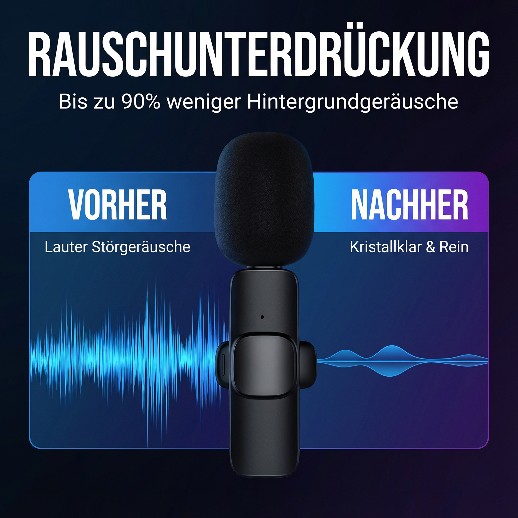 Mikrofon-Rauschunterdrückung Demo: Vorher lautes Rauschen, nachher klare Audiospur.